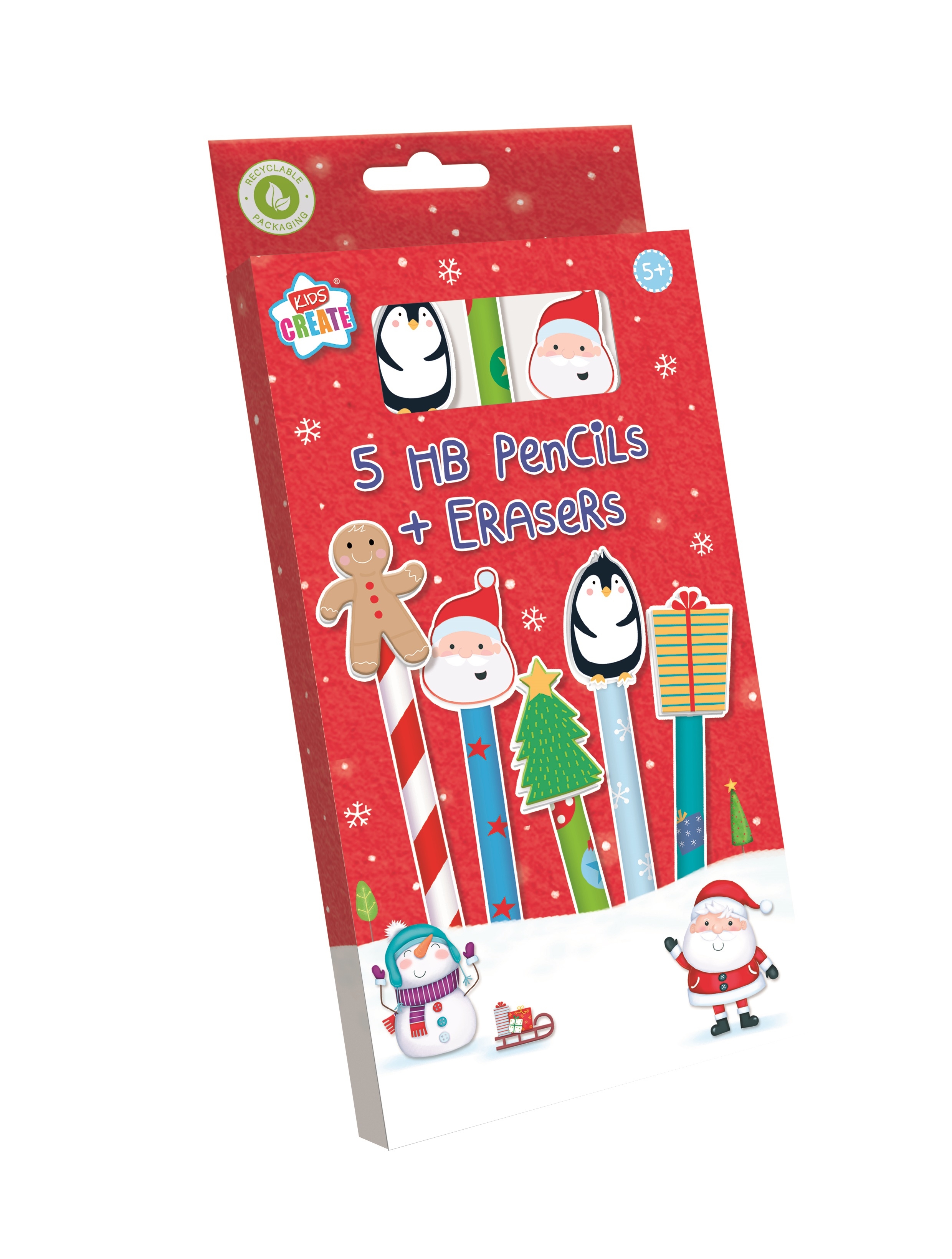 XMAS PENCILS,With Eraser Toppers 5`s Boxed H/pk [Packs Only]