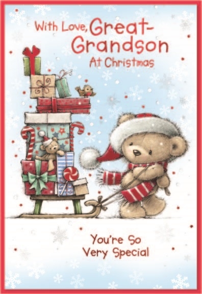 XMAS CARDS,Great Grandson 6`s Teddy with Presents