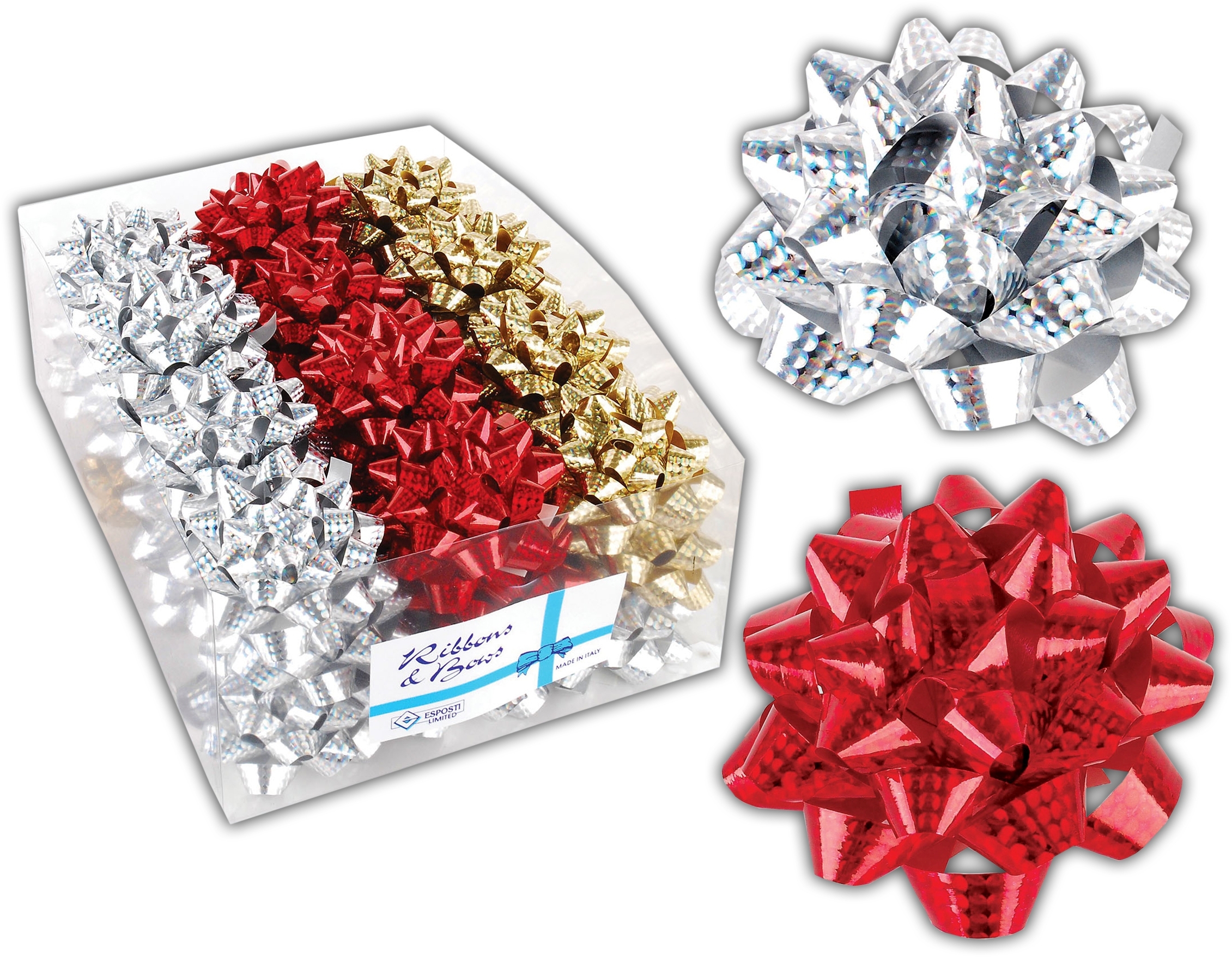 BOW,32 Loop Holographic Asst. Gold, Silver & Red. [Packs Only]