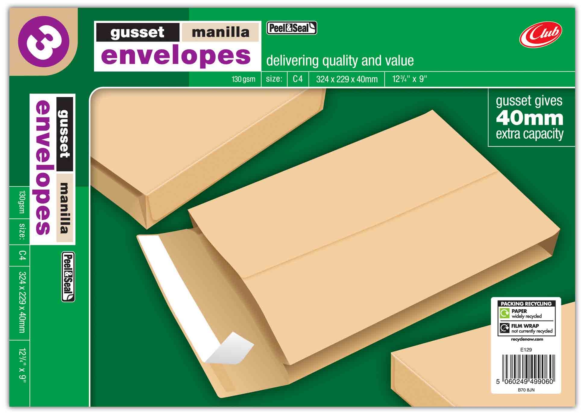 MANILLA ENVELOPE,C4,Gusset 324x229x40mm Peel & Seal 3`s [Splittable]
