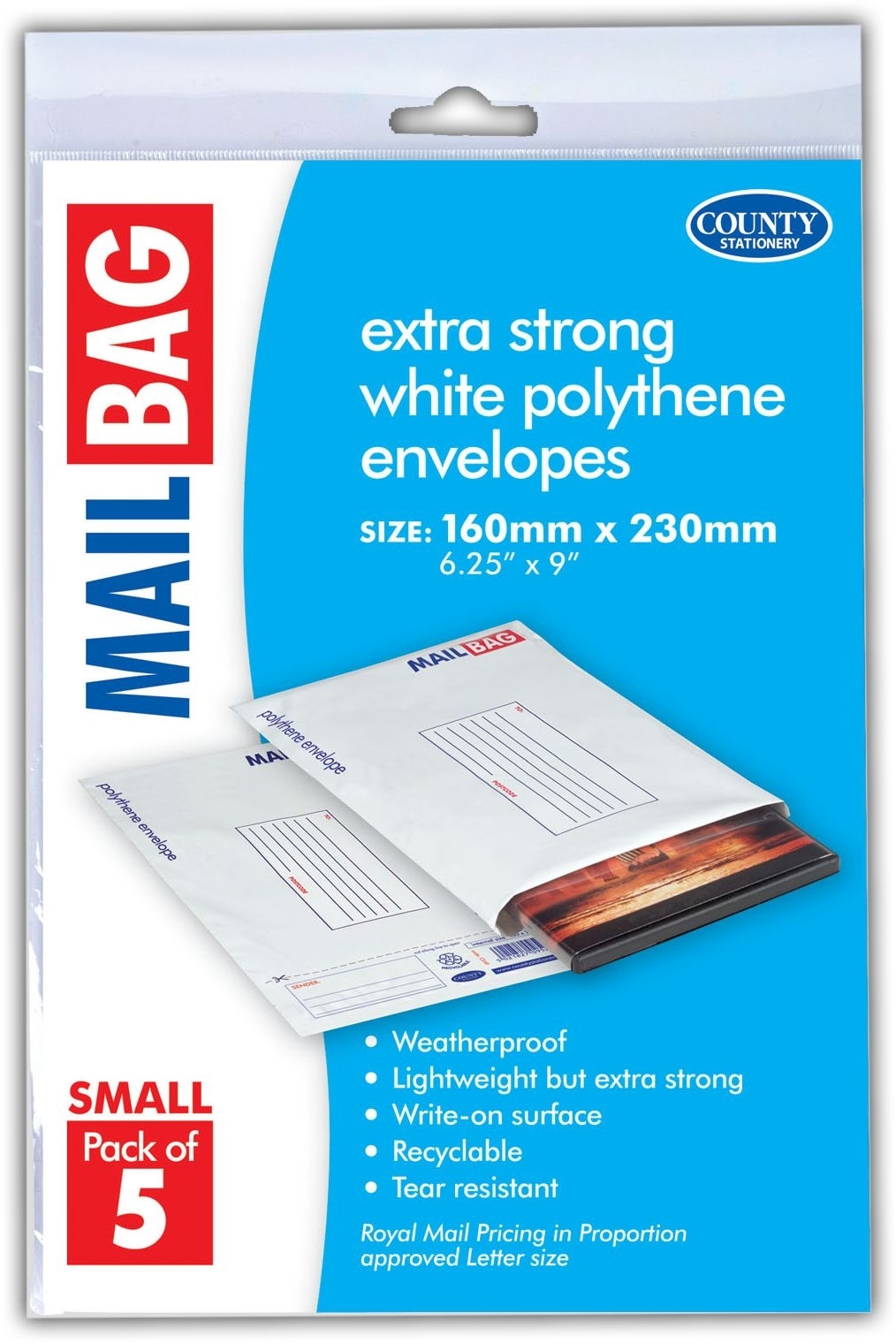 MAIL BAG,Poly 16x23cm 5`s (Small) H/pk 75 Micron C260 [Packs Only]