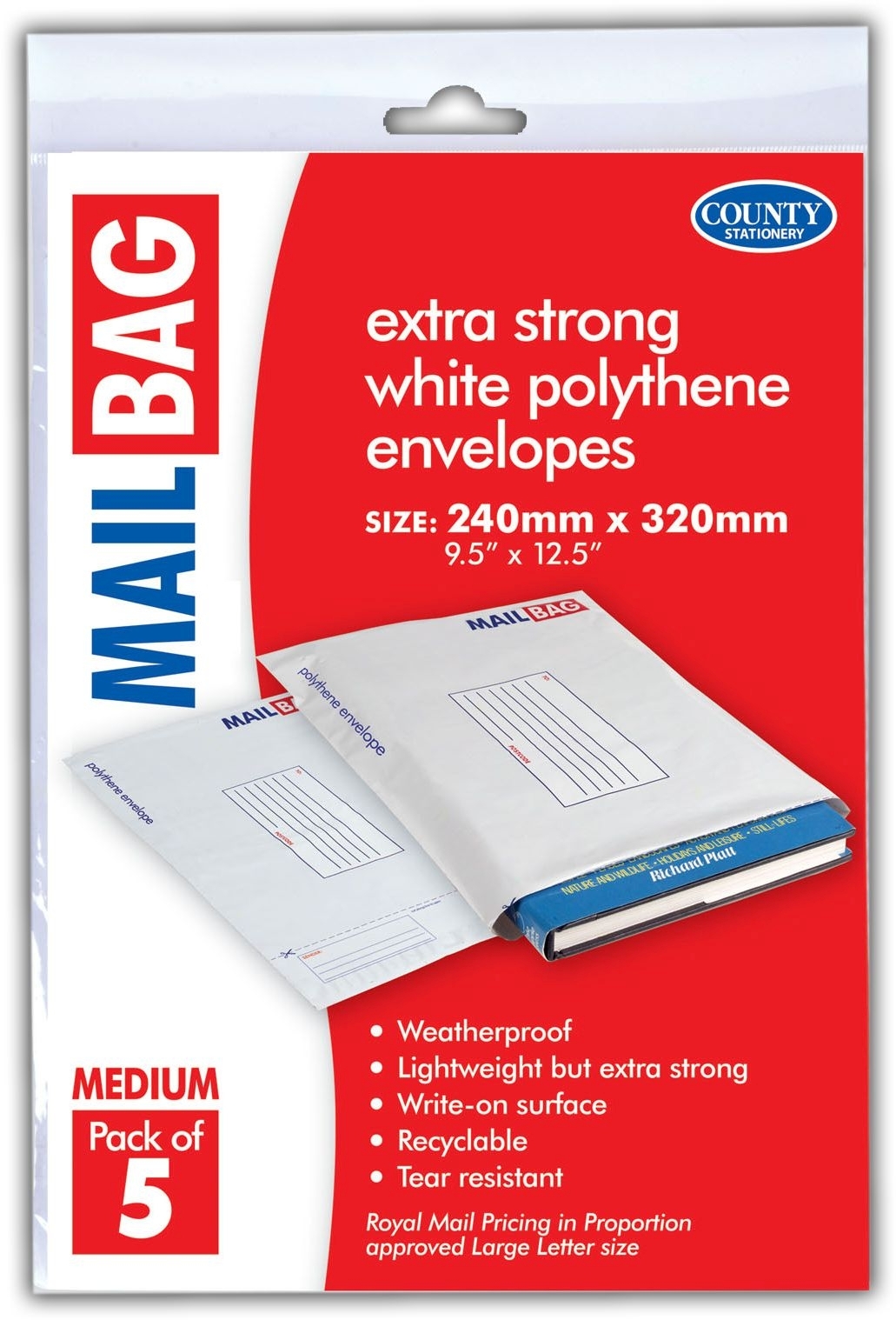 MAIL BAG,Poly 24x32cm 5`s (Medium)H/pk 75 Micron C261 [Packs Only]