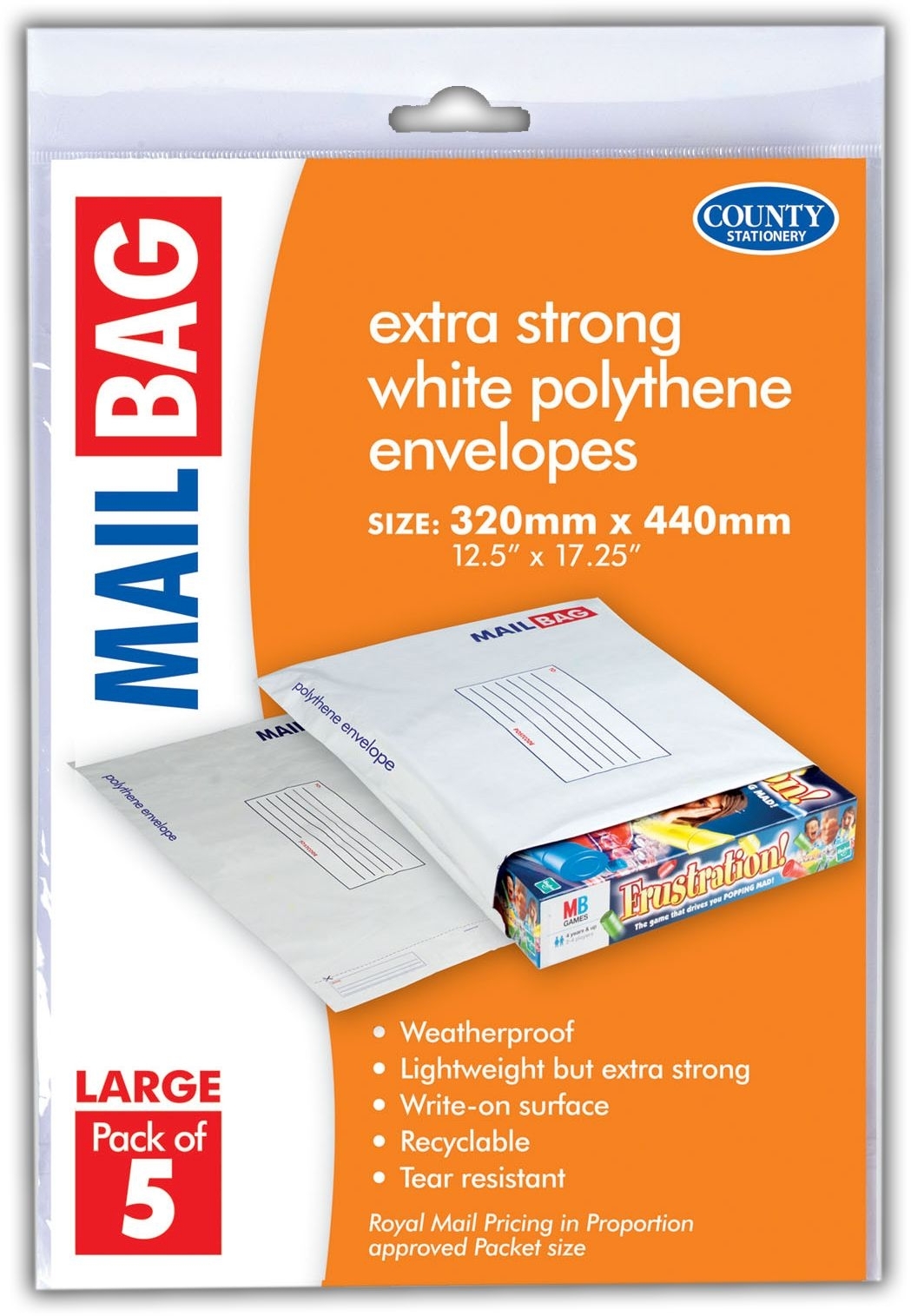 MAIL BAG,Poly 32x44cm 5`s (Large) H/pk 75 Micron C262 [Packs Only]