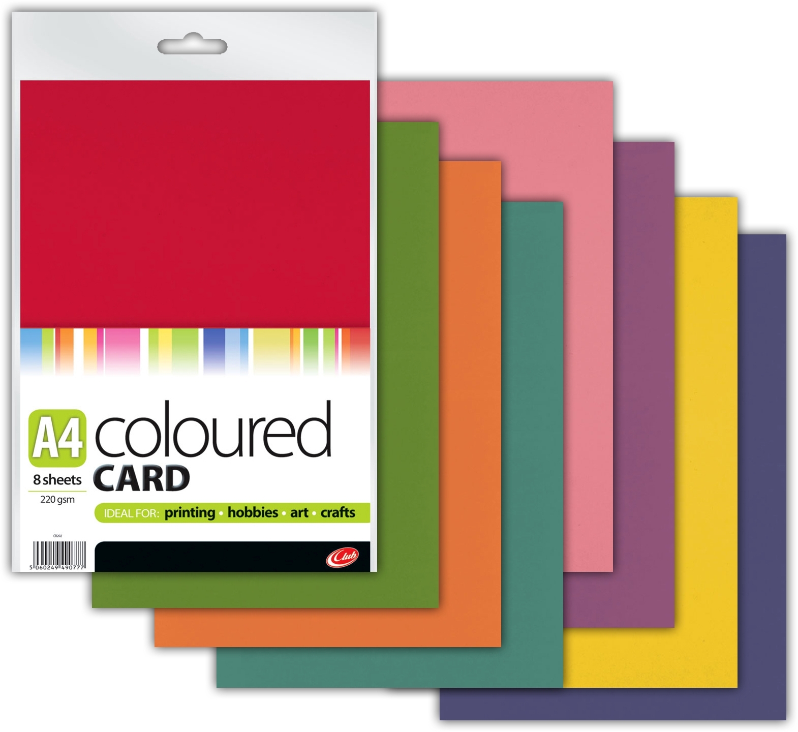 CARD,A4 Asst.Cols 8`s H/pk (Club) 220gsm CB202 [Packs Only]