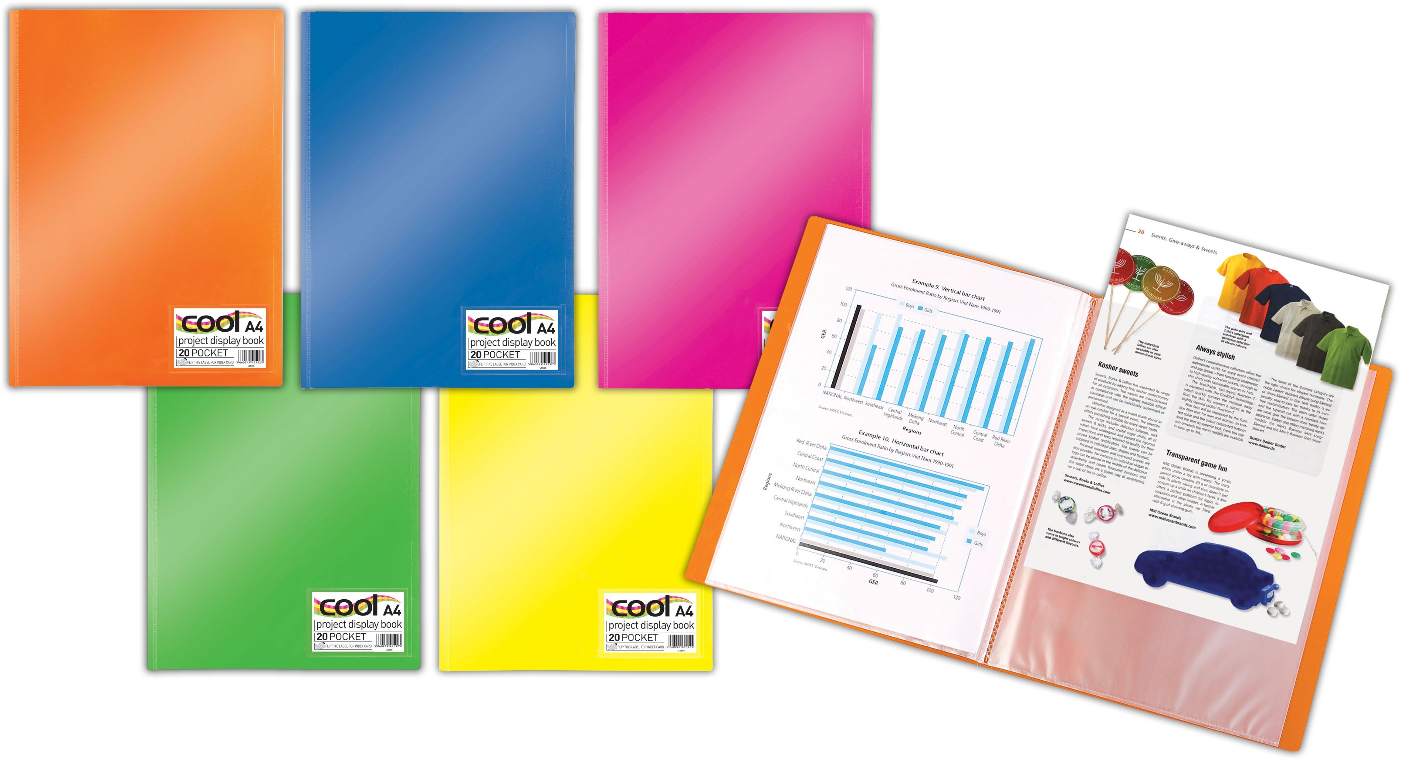DISPLAY BOOK,Cool Polyprop A4 20 pocket Neon Colours CB665 [Splittable]
