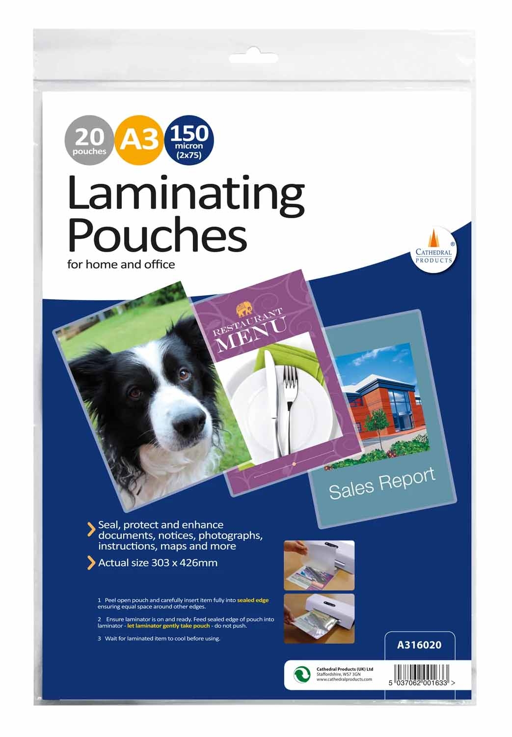 LAMINATING POUCH,A3 20`s 426x303mm (150 microns) [Splittable]