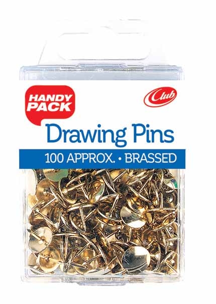 DRAWING PINS,Brass 9mm 100`s H/pk (Handy Pack) CB587 [Packs Only]