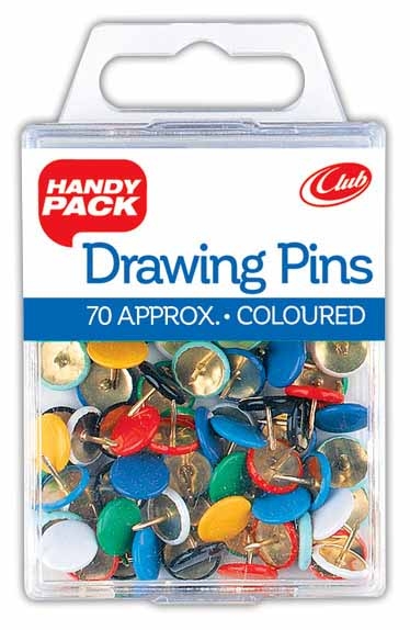 DRAWING PINS,Col. 9.5mm 100`s H/pk (Handy Pack) CB588 [Packs Only]