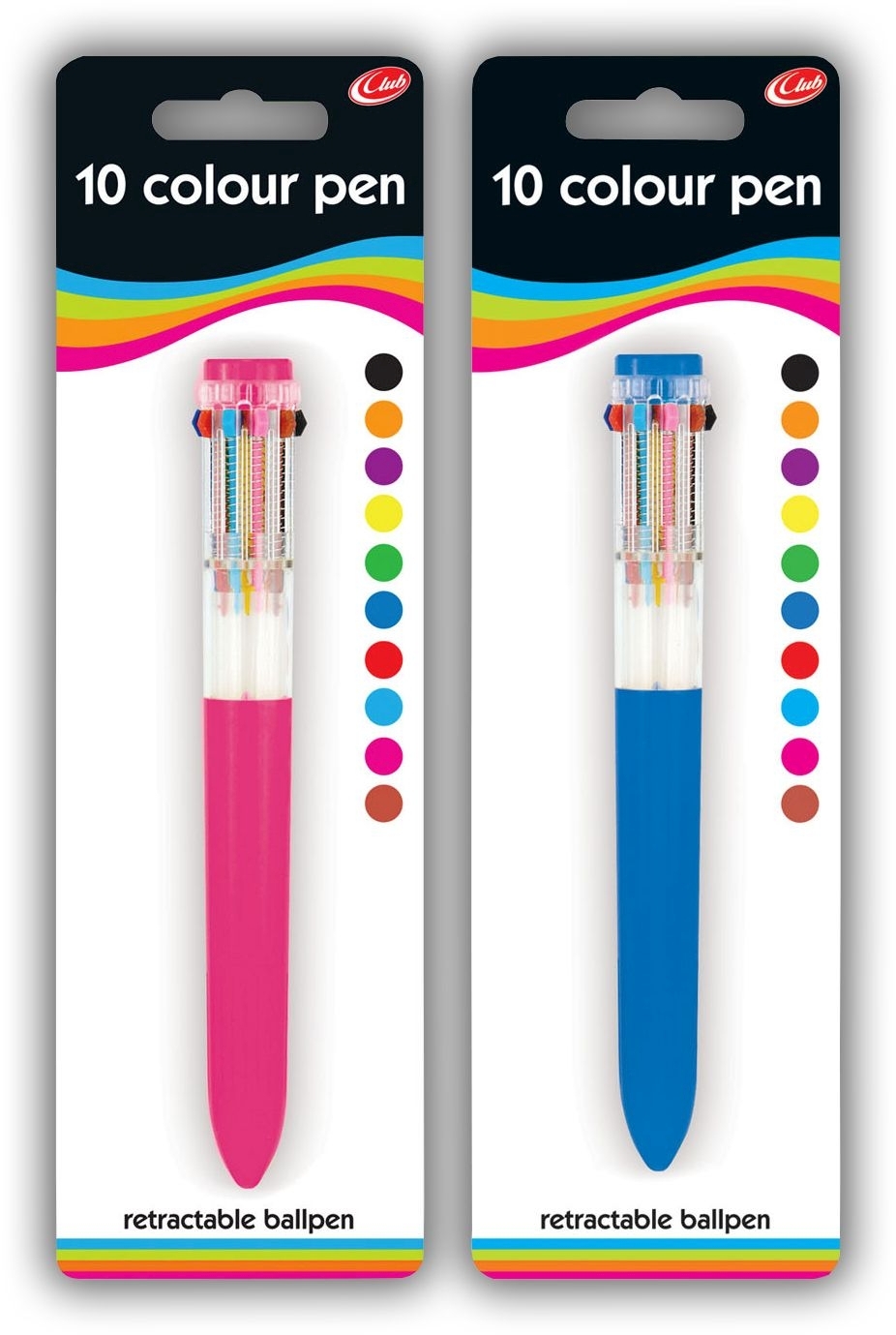 BALL PEN,Retractable 10 Cols I/cd (Club) [Packs Only]