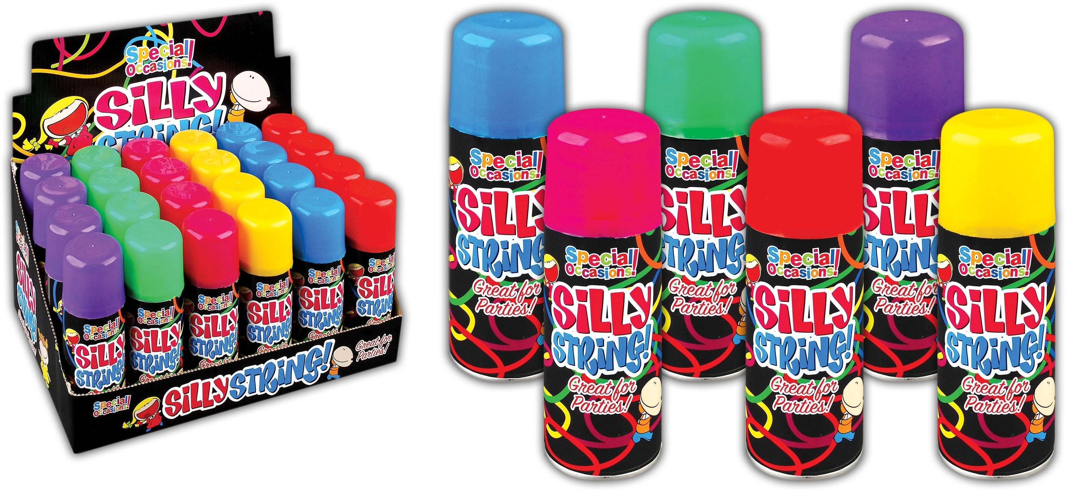 SILLY STRING AEROSOL 6 Assorted Colours 200ml 55g CDU [Splittable]