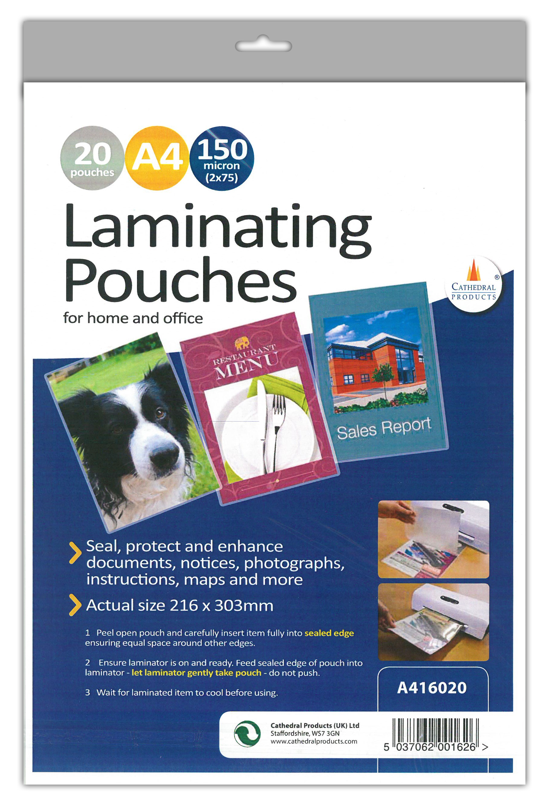 LAMINATING POUCHES,A4 20`s (150 Microns) H/pk [Splittable]