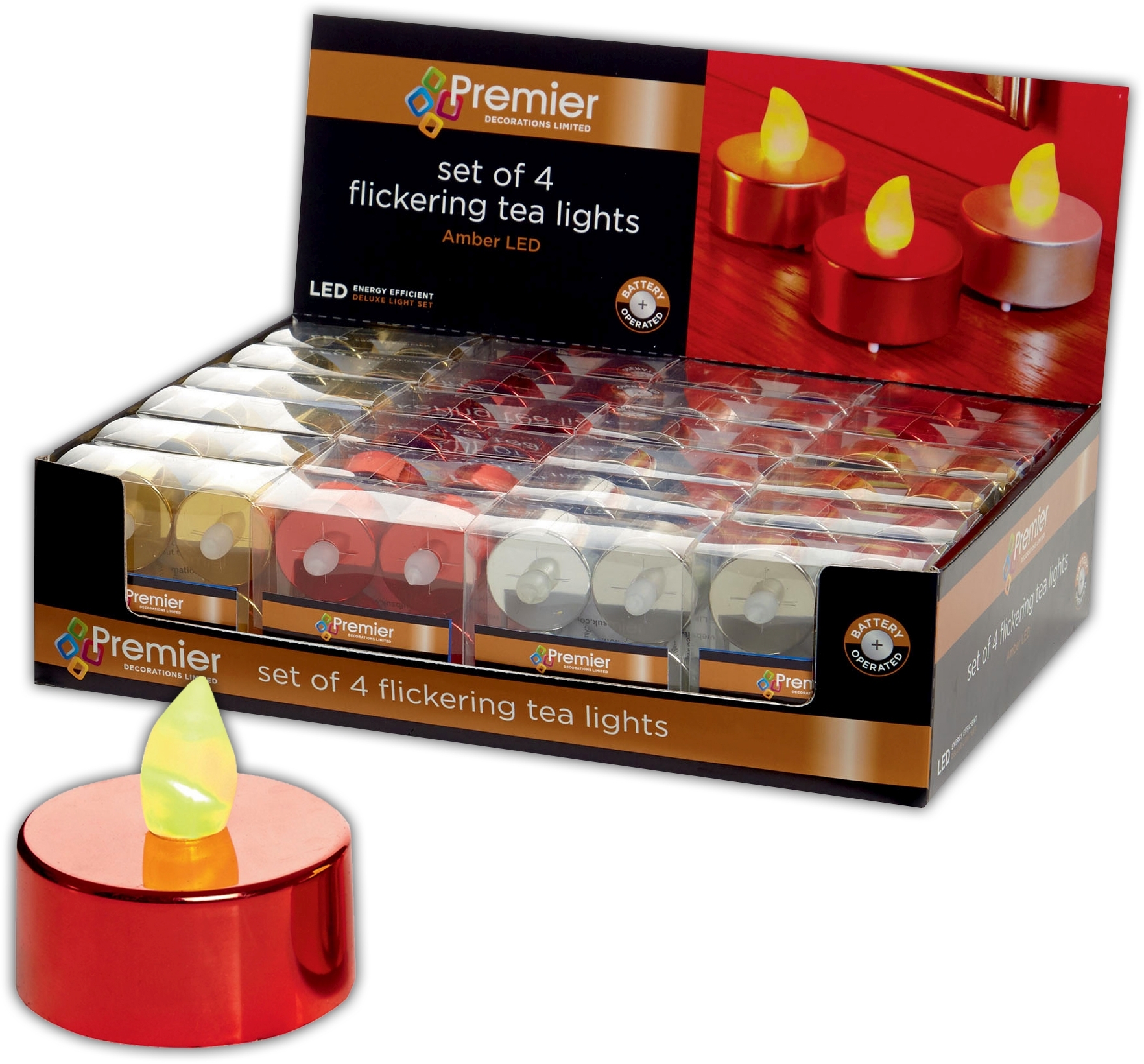 TEALIGHT,Flickering LED 4`s 4 Assorted Colours CDU [Splittable]