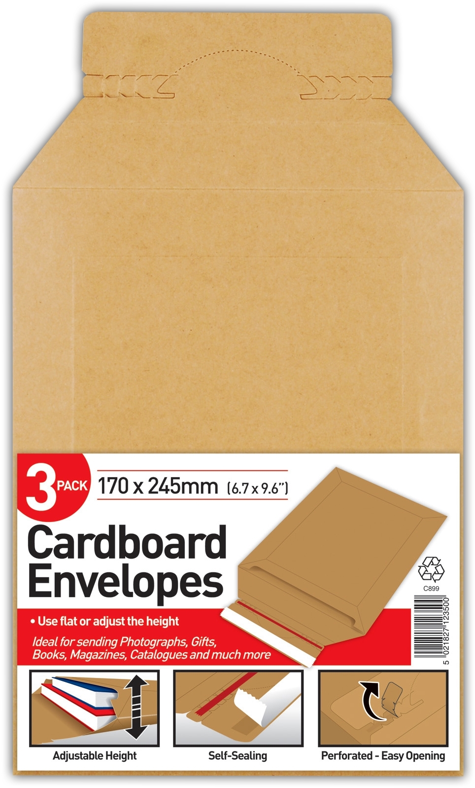 CARDBOARD ENVELOPES,170x245+80 mm,Self Seal Easy Opening 3`s [Splittable]