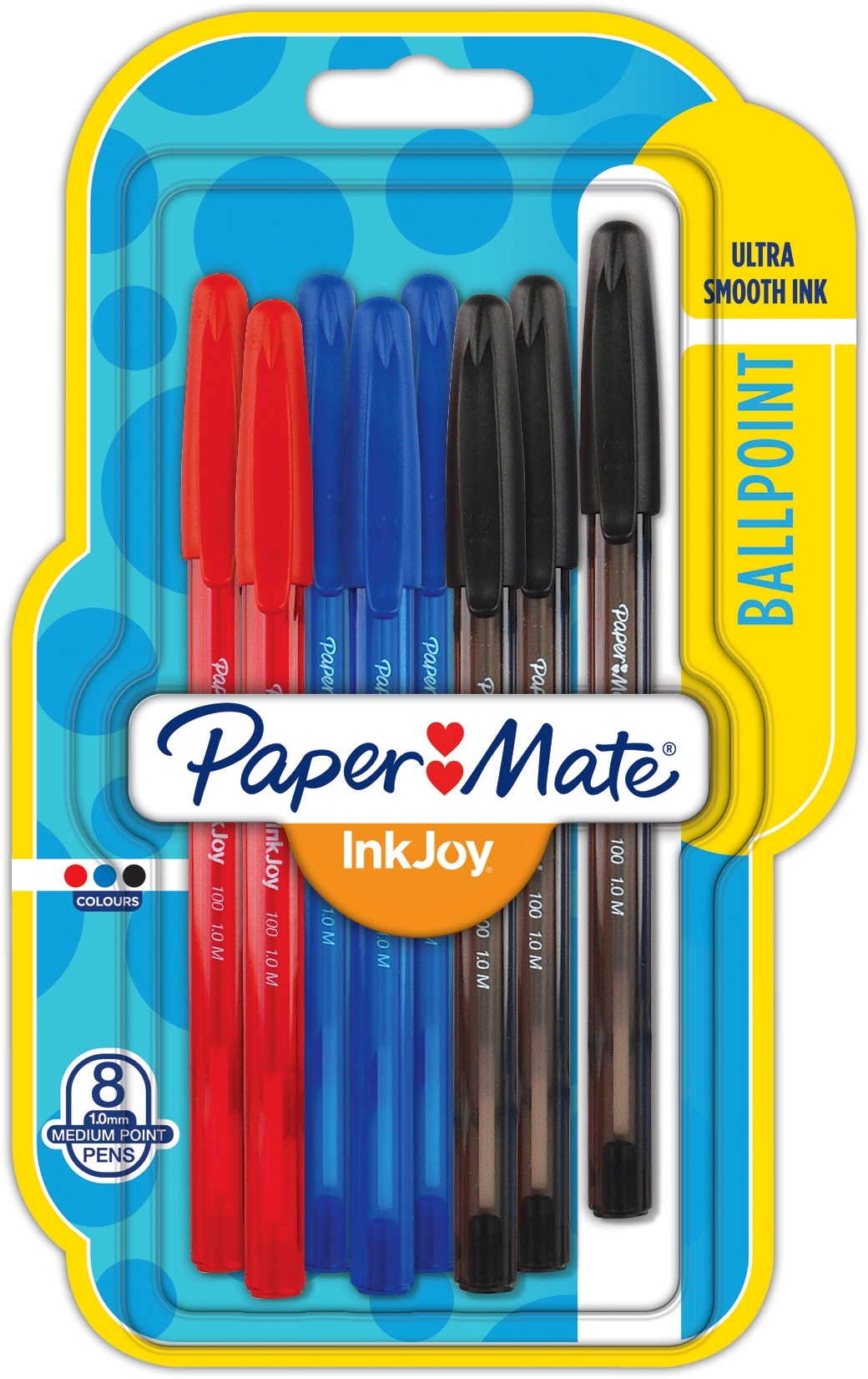 BALL PEN,InkJoy Blk,Blu,Red Asst 8`s,Med I/cd Papermate [Splittable]
