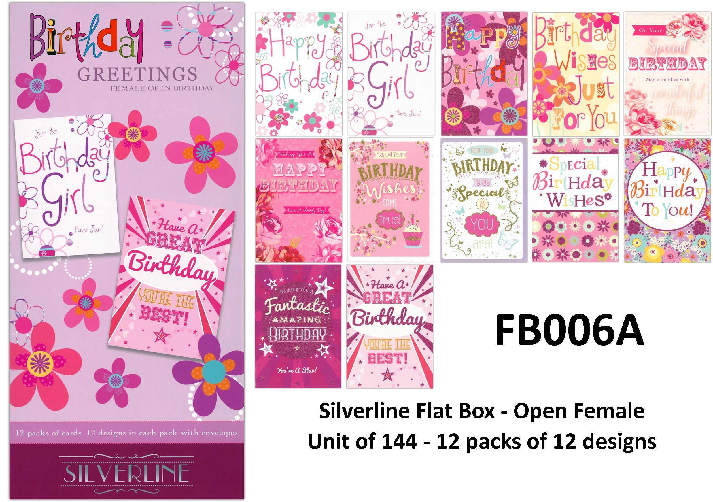 SILVERLINE FLAT BOX,Birthday Greetings Cards Asst.Female [Packs Only]
