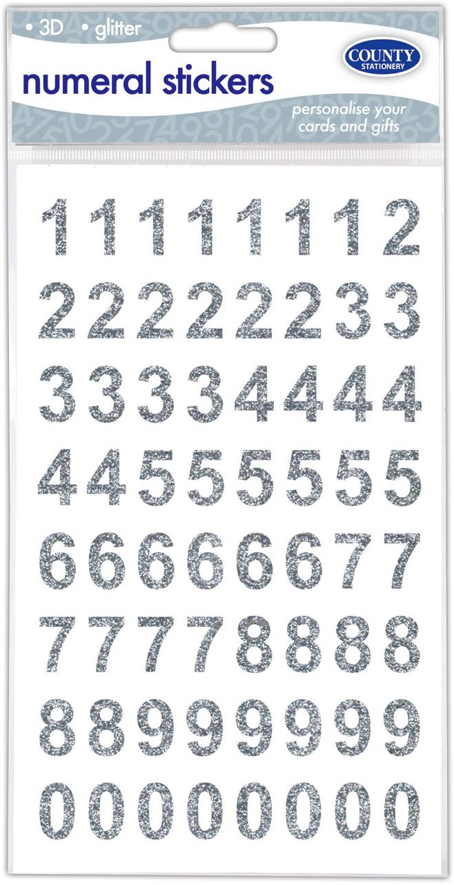 LABELS,Numerals,3D Glitter Silver H/pk [Packs Only]