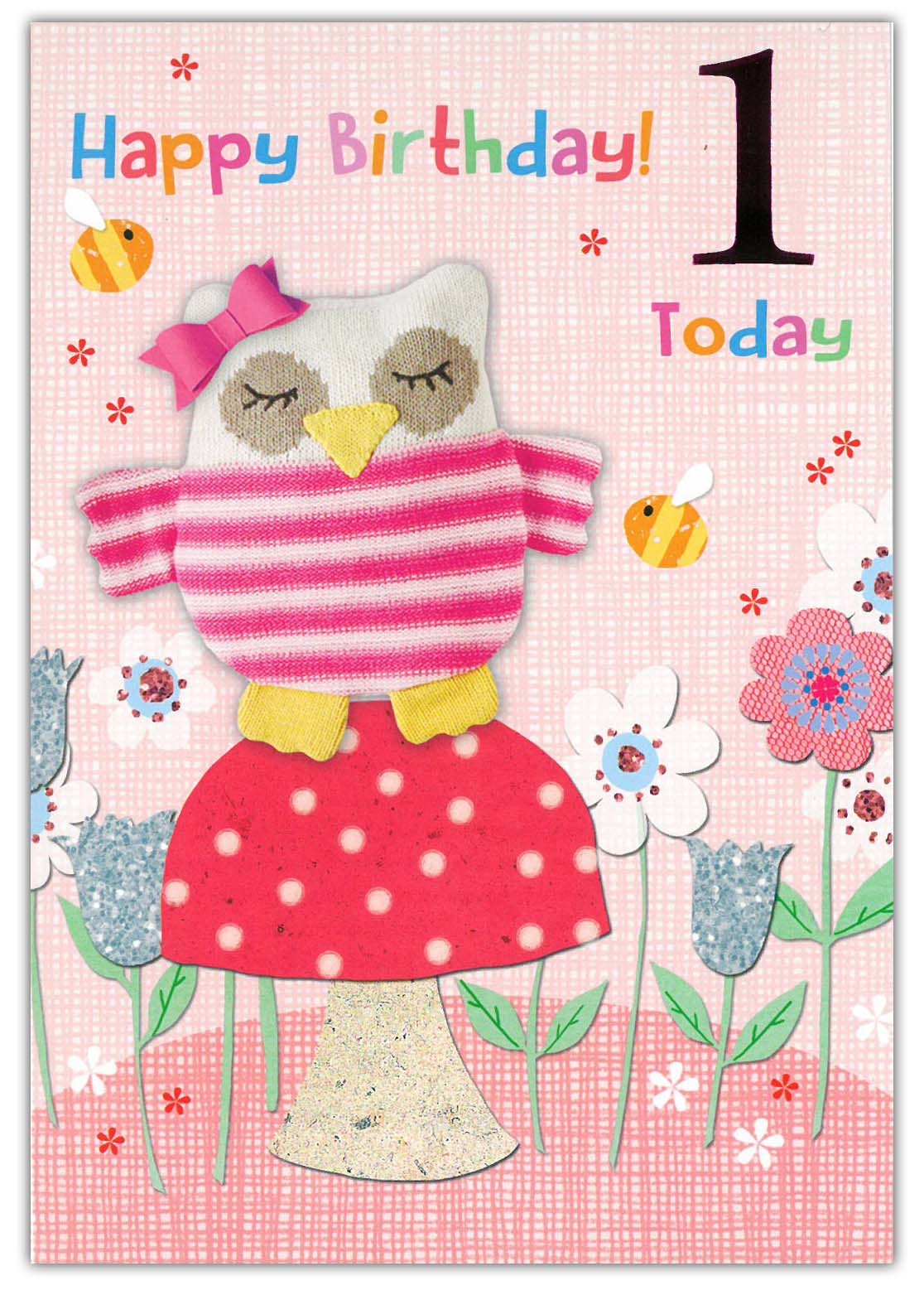 AGE 1 CARDS,Female 6`s Knitted Owl Bees & Flowers