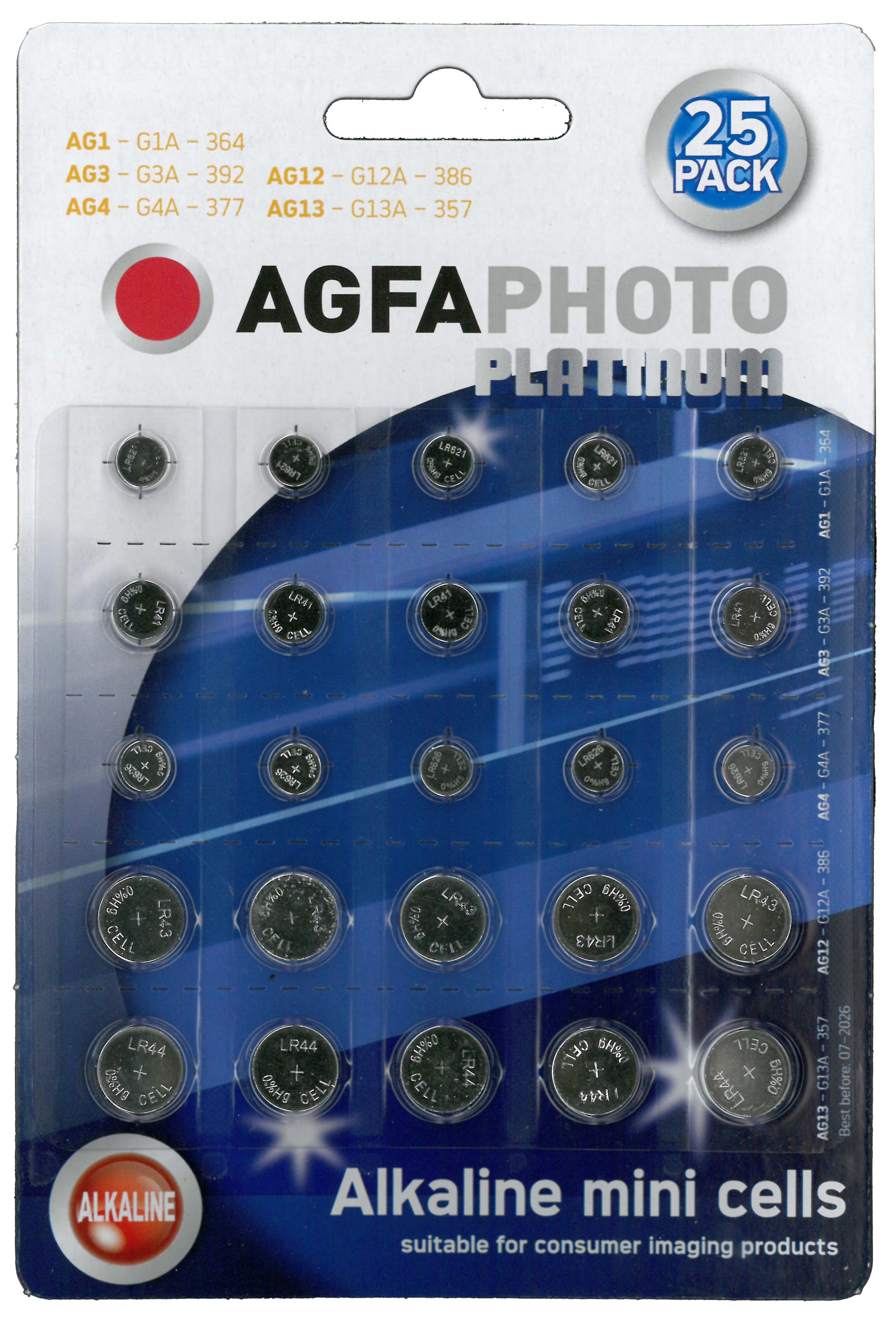 AGFA BATTERIES,Mini Cells 25`s Asst. LR 261,41,626,43 & LR44 [Splittable]