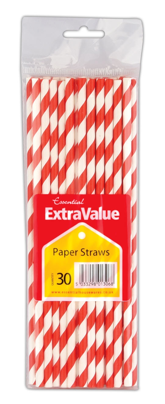 DRINKING STRAWS,Striped, Paper, Red & White 30`s H/pk [Splittable]