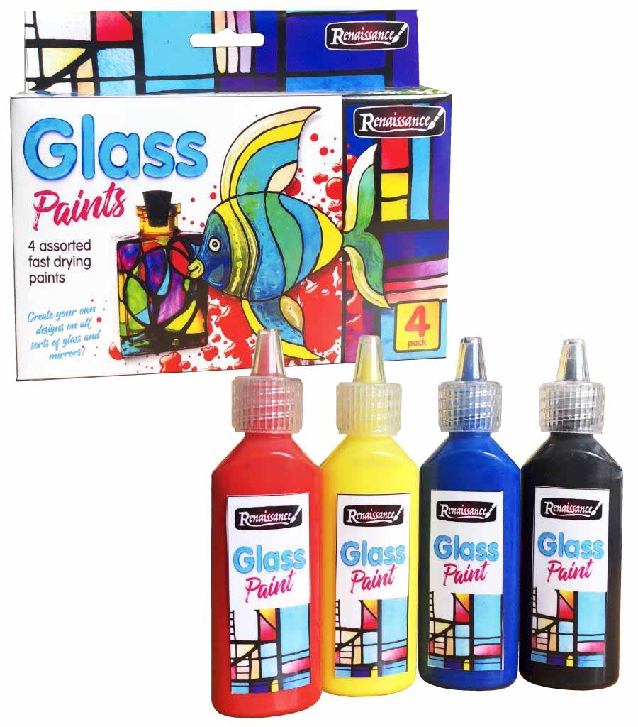 GLASS PAINTS, 4 x 22ml Asst. Colours, Fast Drying,H/pk Box. [Splittable]
