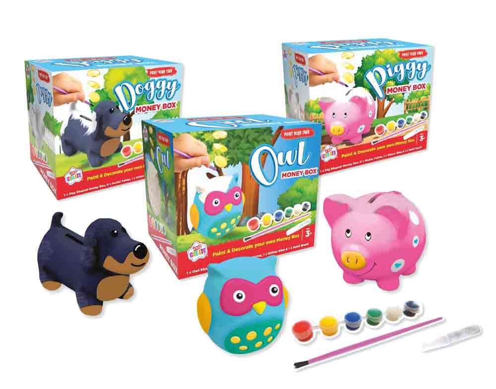 MONEY BOX PAINT YOUR OWN Doggy, Piggy, Owl. Asst. Bxd [Splittable]
