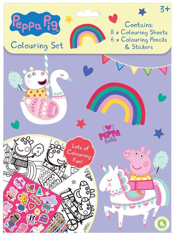 PEPPA PIG,Colouring Set H/pk 8 Sheets, 6 Pencils & Stickers [Splittable]