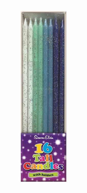 CAKE CANDLES TALL 16cm 16`s Inc.Holders, Shades of Blue [Packs Only]