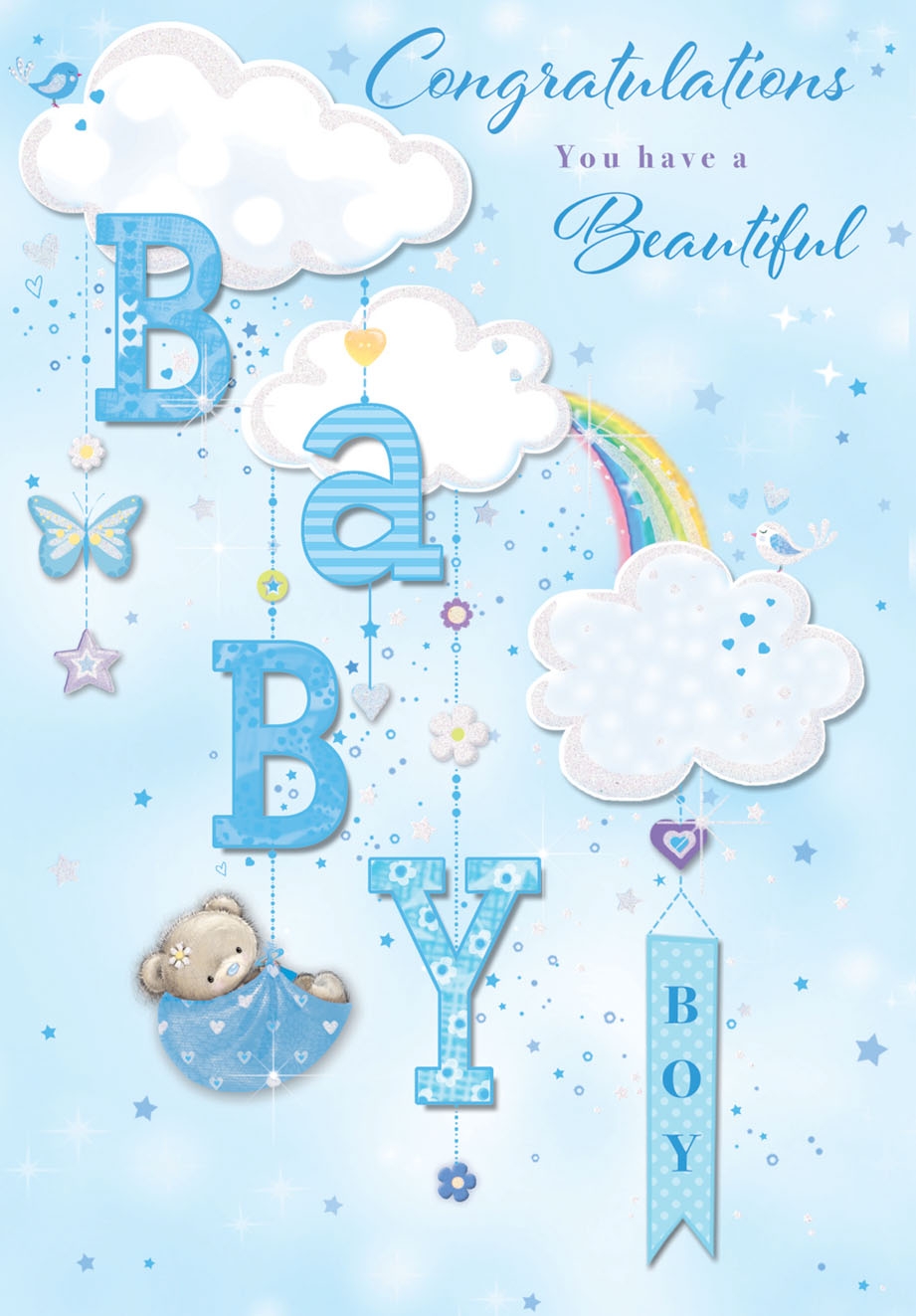 BABY BOY CONGRATS. CARDS,6`s Teddy, Clouds & Rainbow