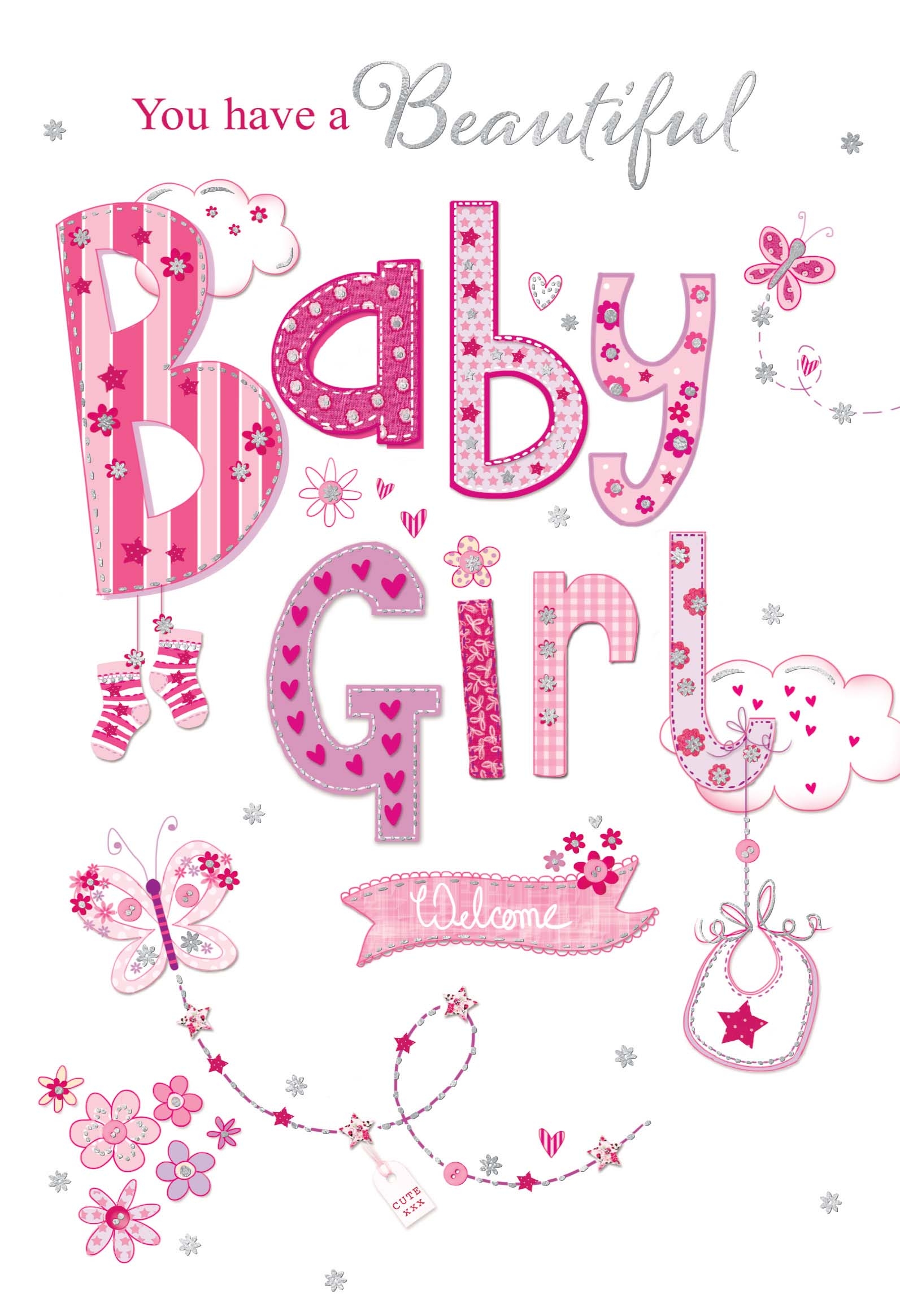 BABY GIRL CONGRATS. CARDS,6`s Booties & Butterflies