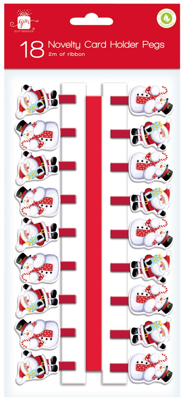 CARD HOLDER,Santa/Snowman Assorted Wooden Pegs 18`s H/pk [Splittable]