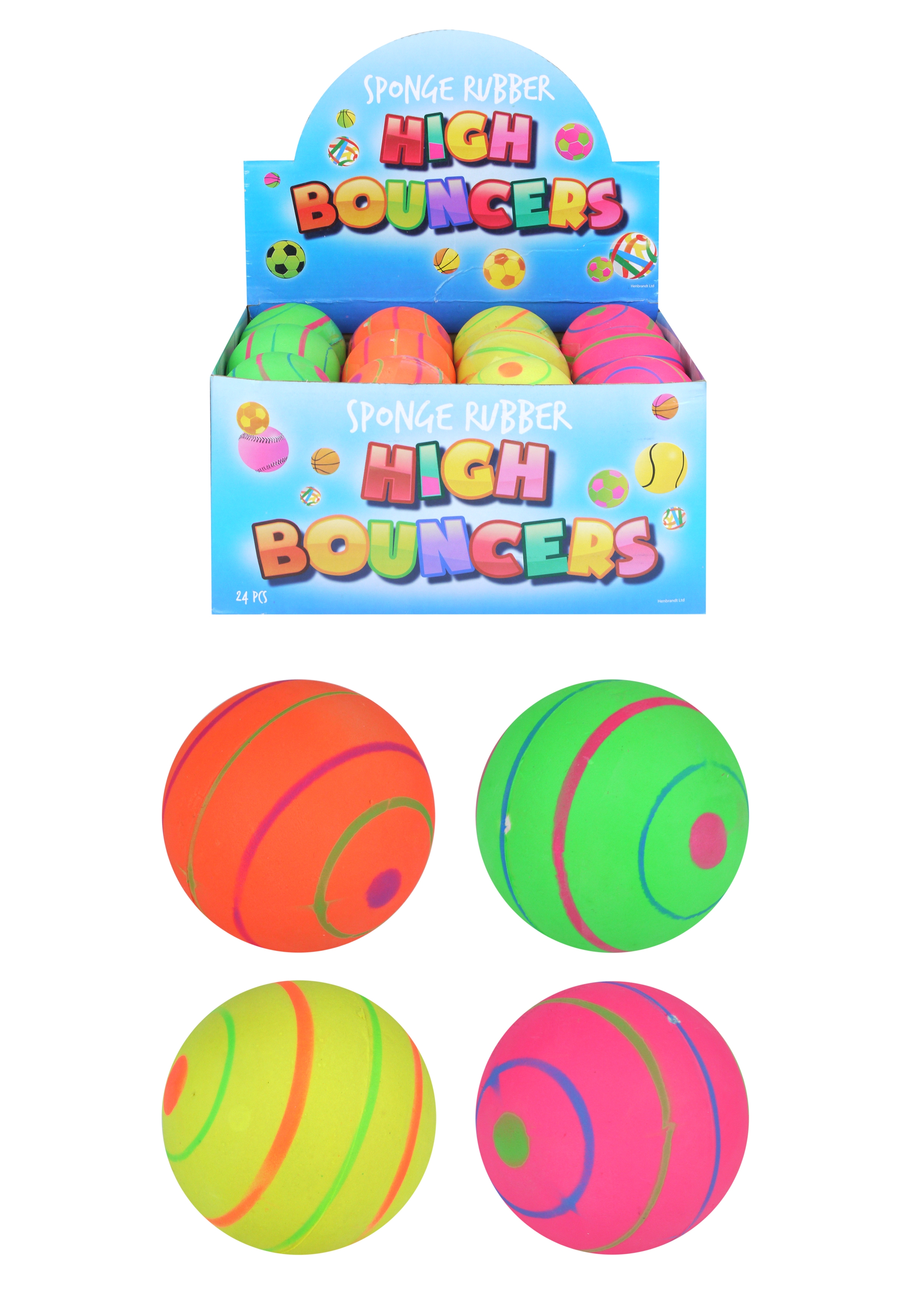 BALL,Sponge Rubber High Bouncers 63mm 4 Asst Cols CDU [Packs Only]