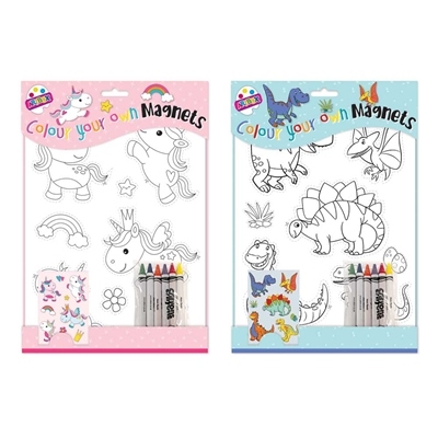 COLOUR YOUR OWN MAGNET, Unicorn/Dinosaurs & 6 Crayons [Packs Only]