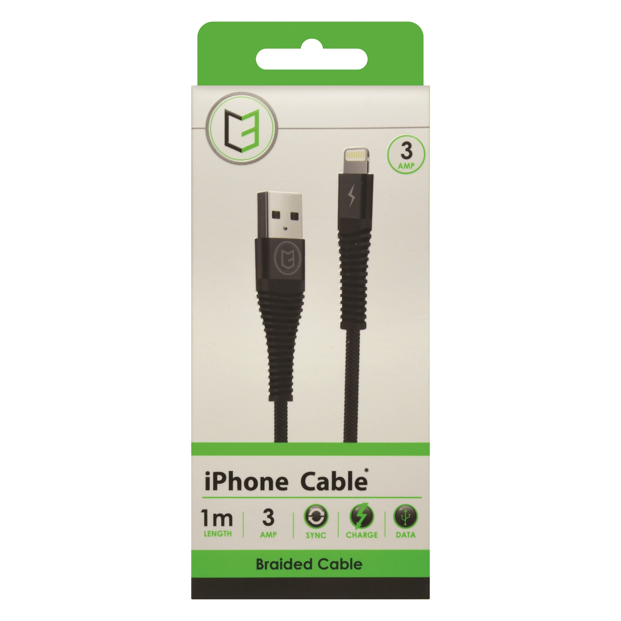 CHARGING & DATA CABLE, 1mtr. 3 amp iPhone Braided Lightning