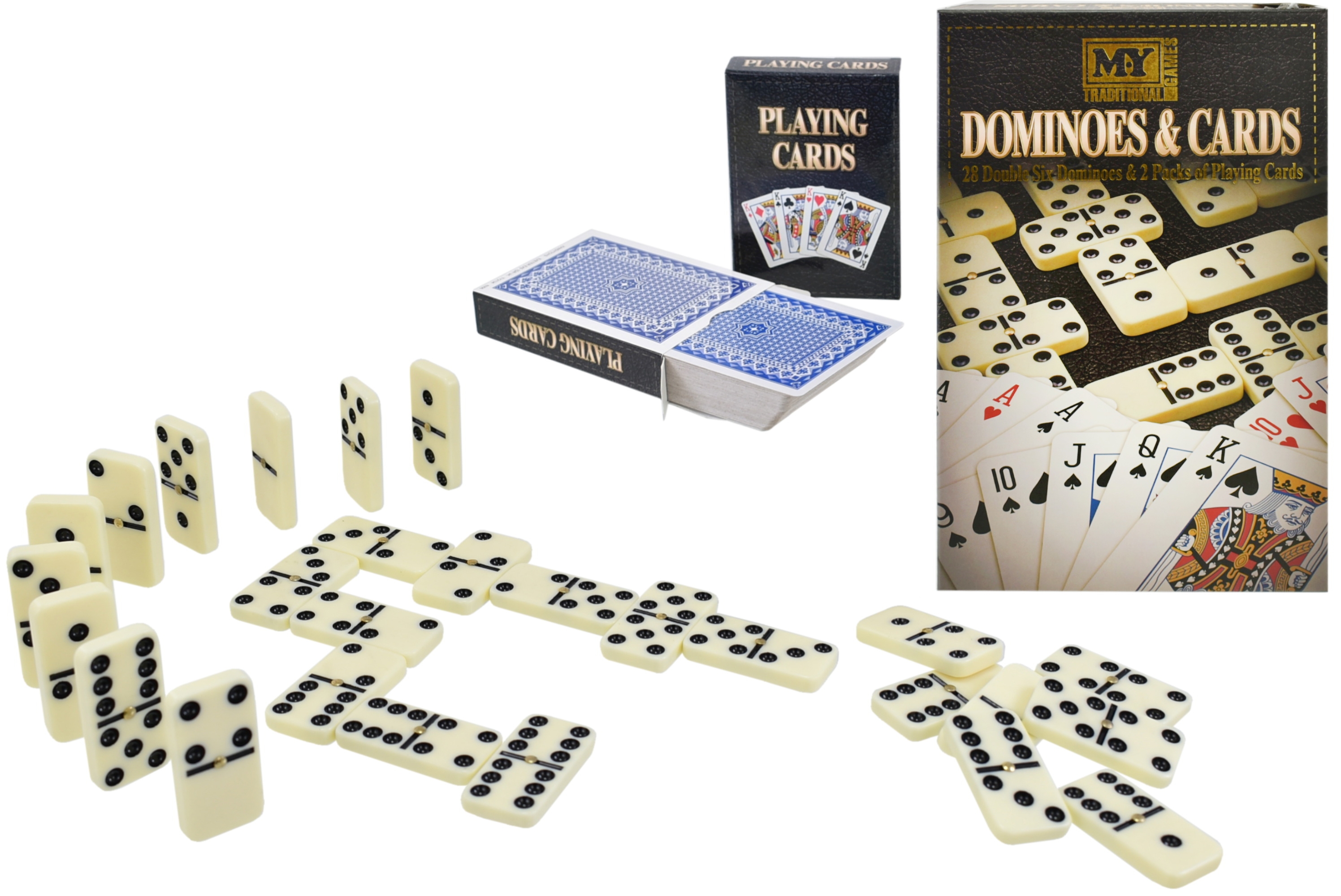 DOMINOES & CARDS 28pc Double Six + 2 Decks Playing Cards Bx [Splittable]