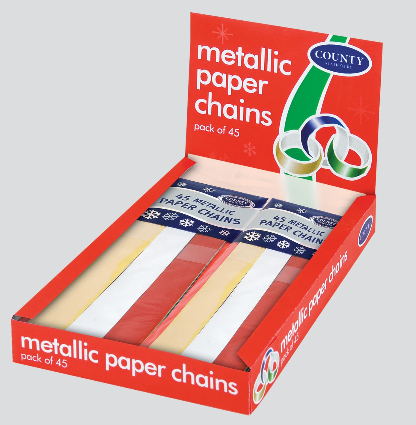 PAPER CHAINS,Asst Col Metallic S/Adh,45`s H/pk CDU(Was 0.99) [Packs Only]