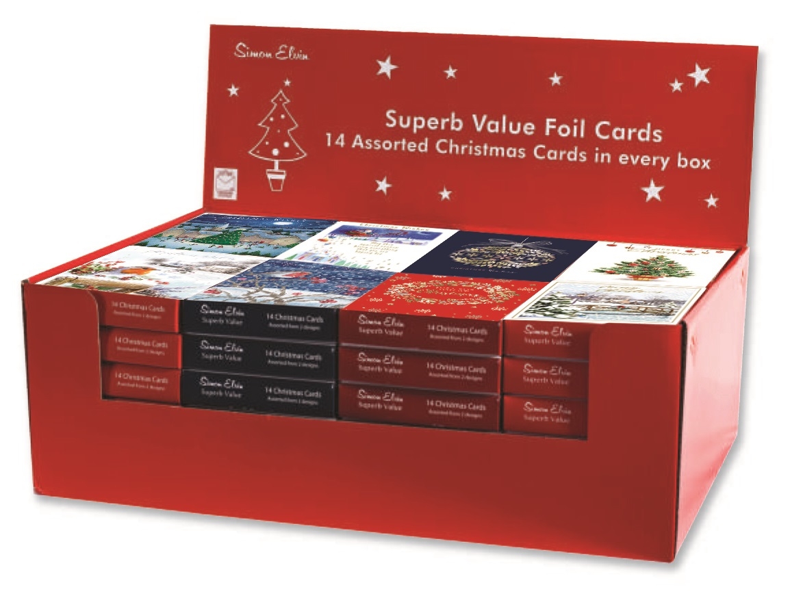 XMAS BOXED CARDS, Foiled 14`s 2 Designs per box. CDU [Splittable]