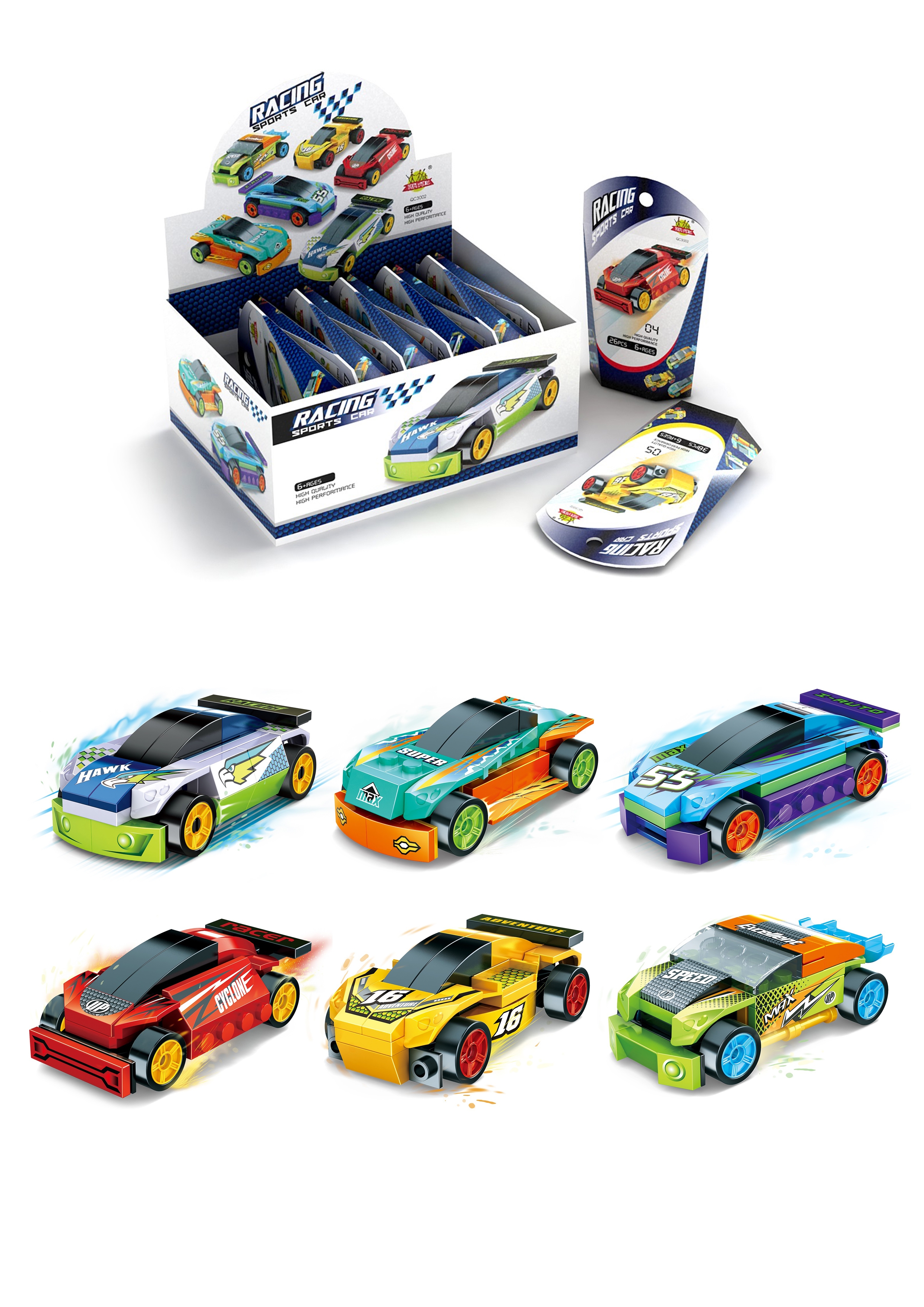 BLOCK RACING SPORTS CARS,Lego Style 6 Assorted CDU [Packs Only]