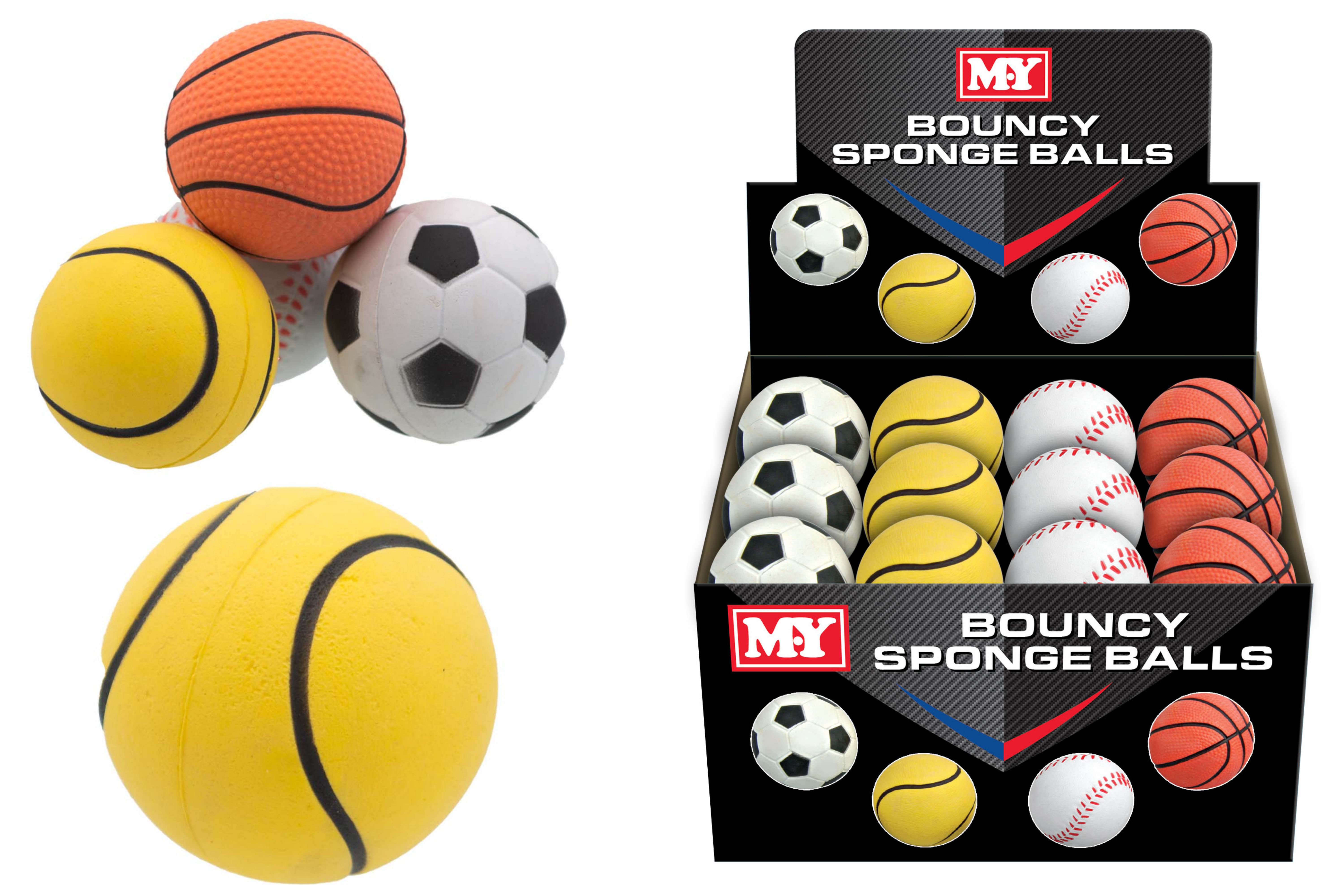 BALL,Bouncy Sponge 4 Asst. Sports ball Des 63mm CDU [Packs Only]