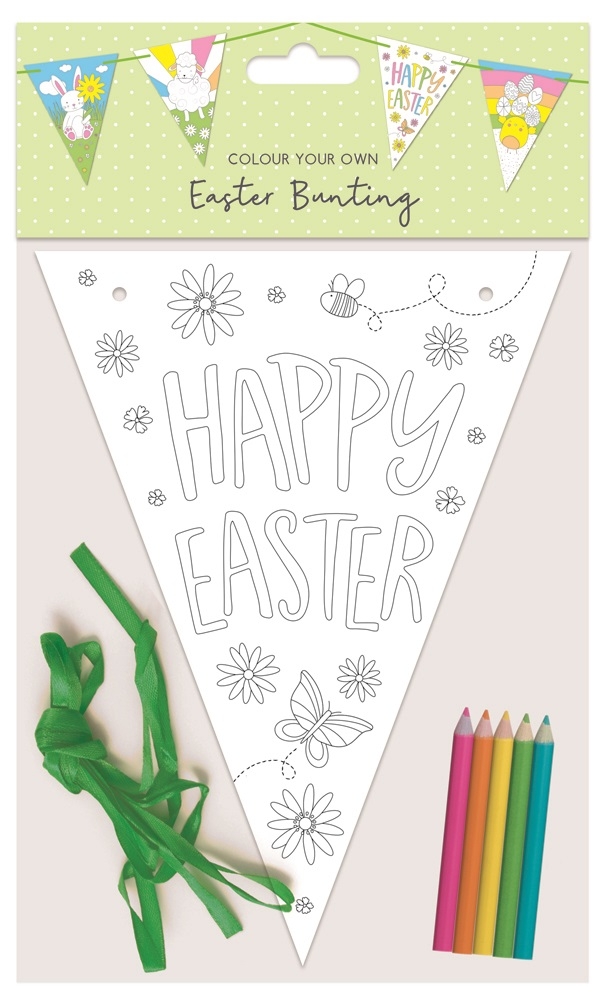 EASTER BUNTING,Colour Your Own 8 Flags, 5 Pencils & 2m Ribbon [Packs Only]