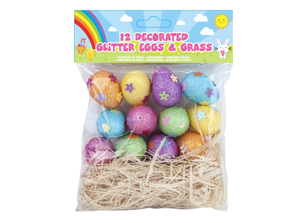 GLITTER EGGS,12`s Decorated with Grass H/pk [Splittable]