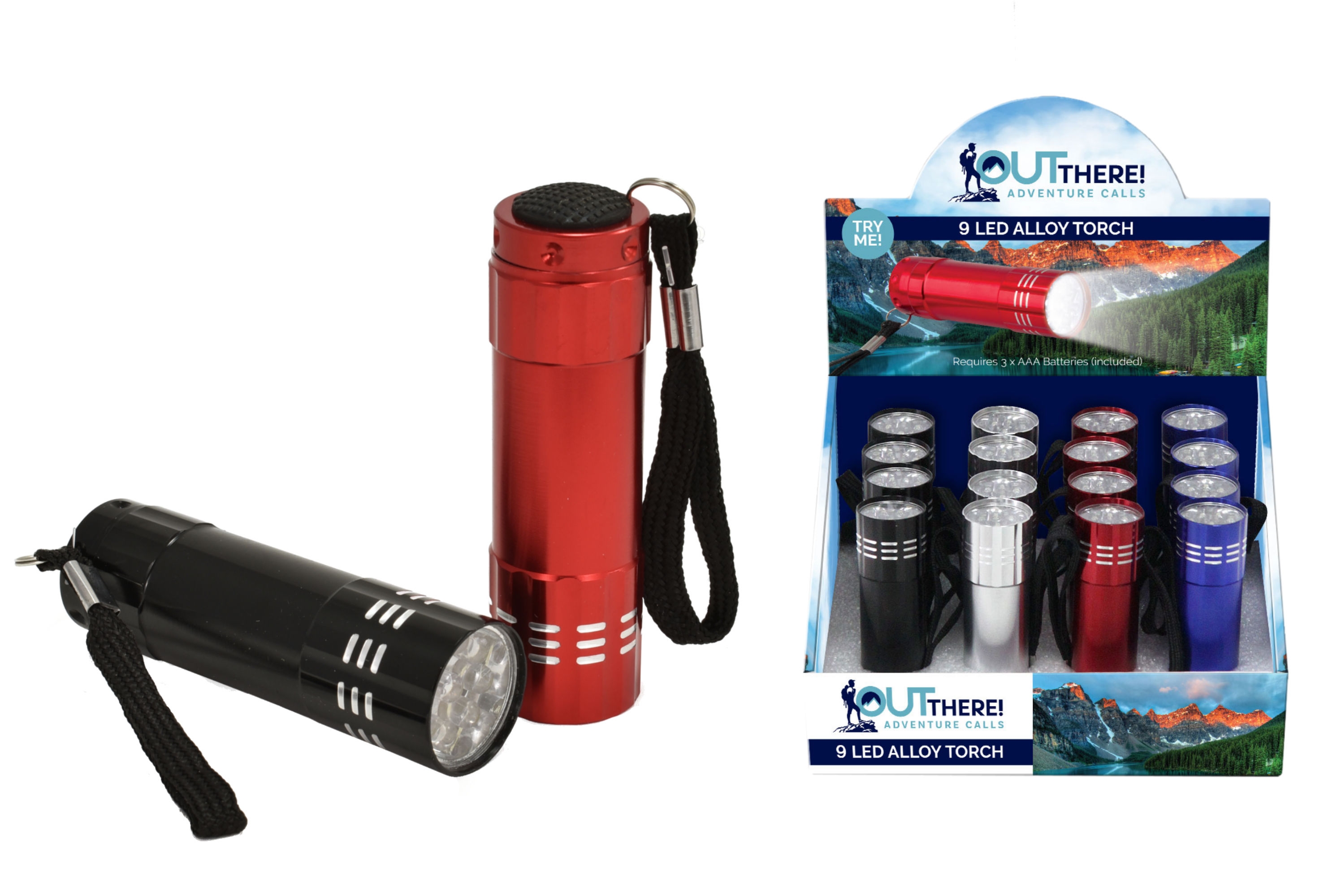 TORCH,9 LED Inc. Batteries CDU OUT THERE 4 Asst.Col. [Packs Only]