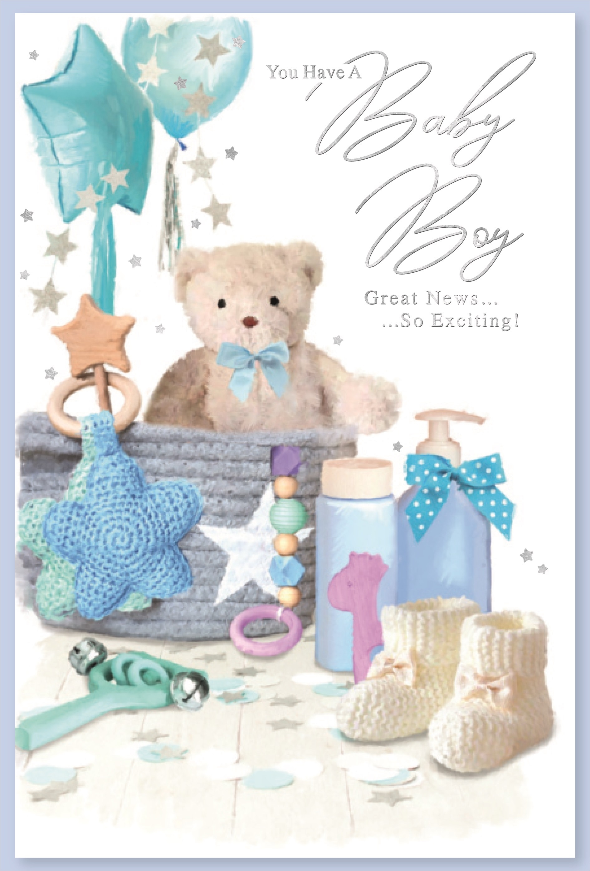 BABY BOY CONGRATS. CARDS,6`s Blue Teddy & Presents