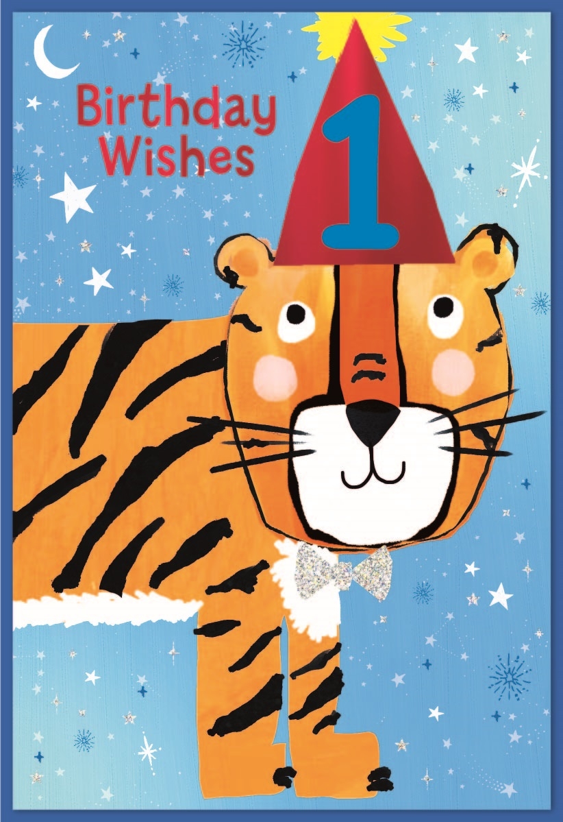 AGE 1 CARDS,Male 6`s Tiger in Party Hat