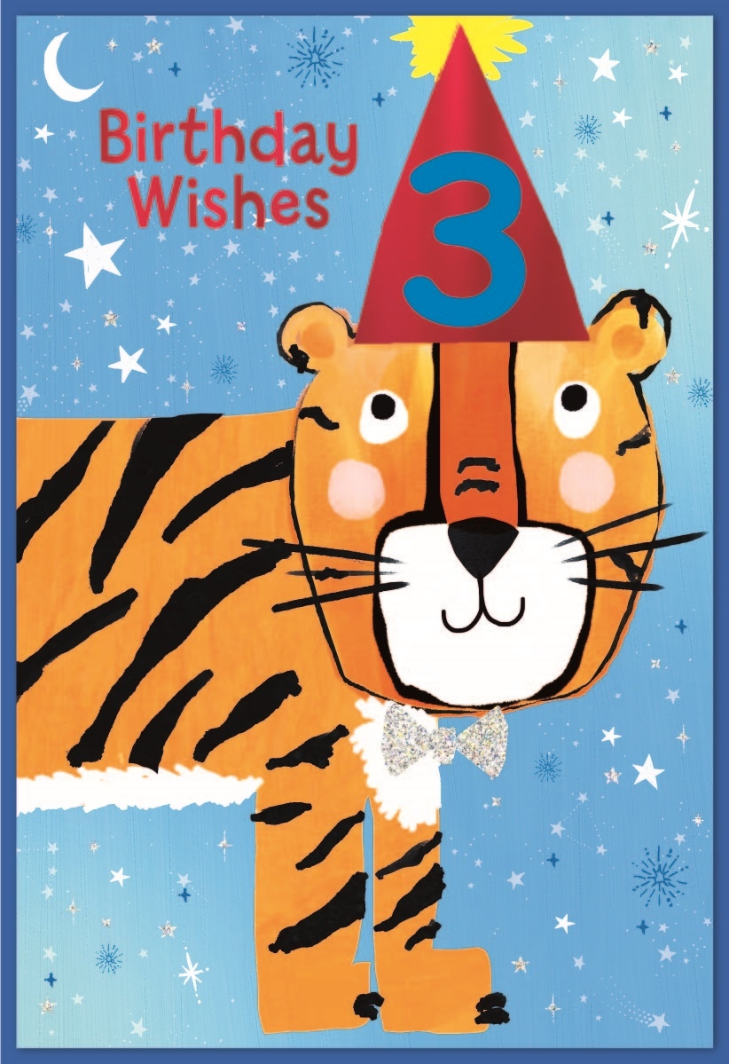 AGE 3 CARDS,Male 6`s Tiger in Party Hat