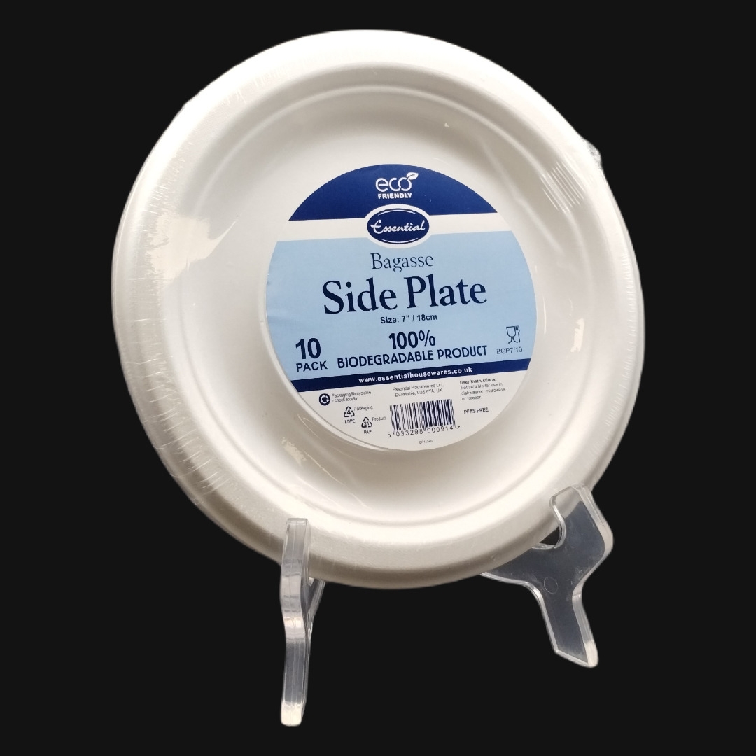 SIDE PLATES,White Bagasse 18cm 10`s Biodegradable [Packs Only]