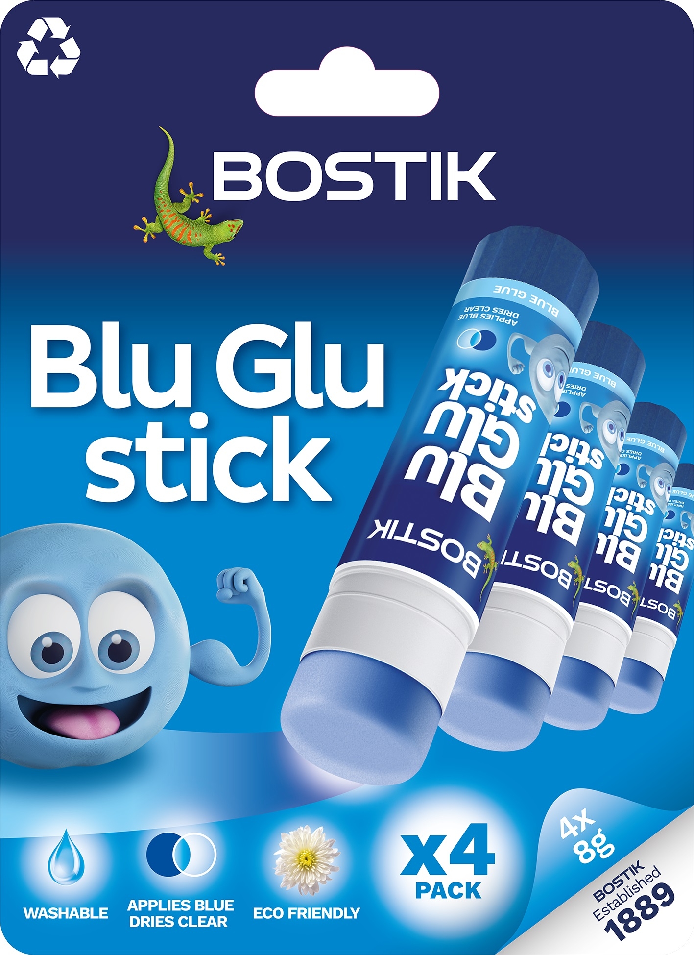 BOSTIK, BLU GLUE STICK 8g 4`s Dries Clear I/cd [Splittable]