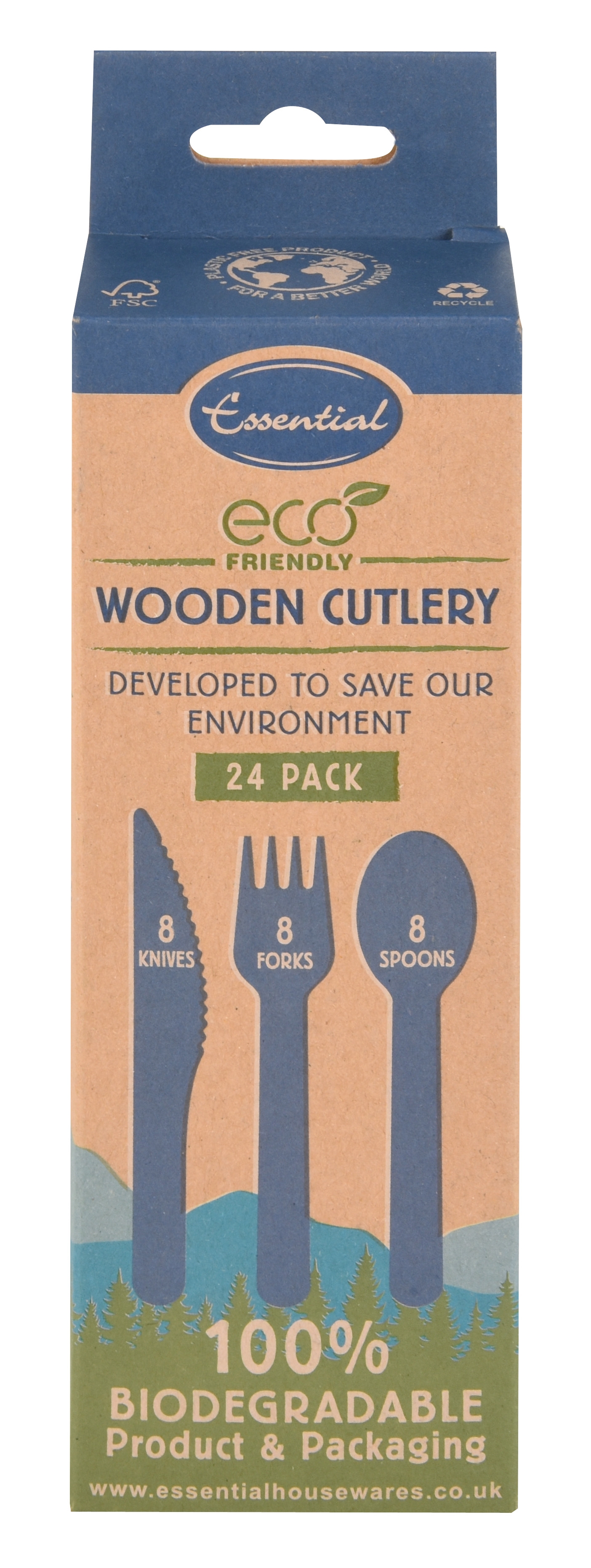 CUTLERY WOODEN Eco 24pc Asst. Knife, Fork & Spoon. H/pk [Splittable]