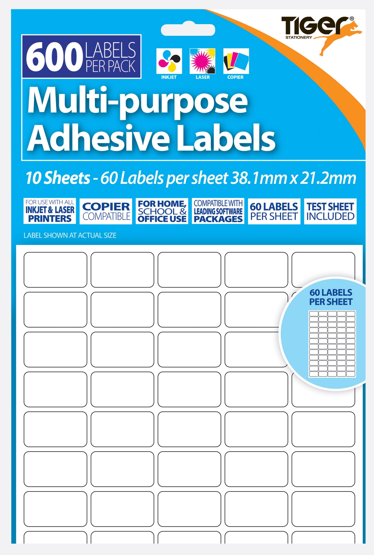 LABEL,S/Adh Multi Purpose 60 per A4 Sheet 38 x 21mm [Splittable]