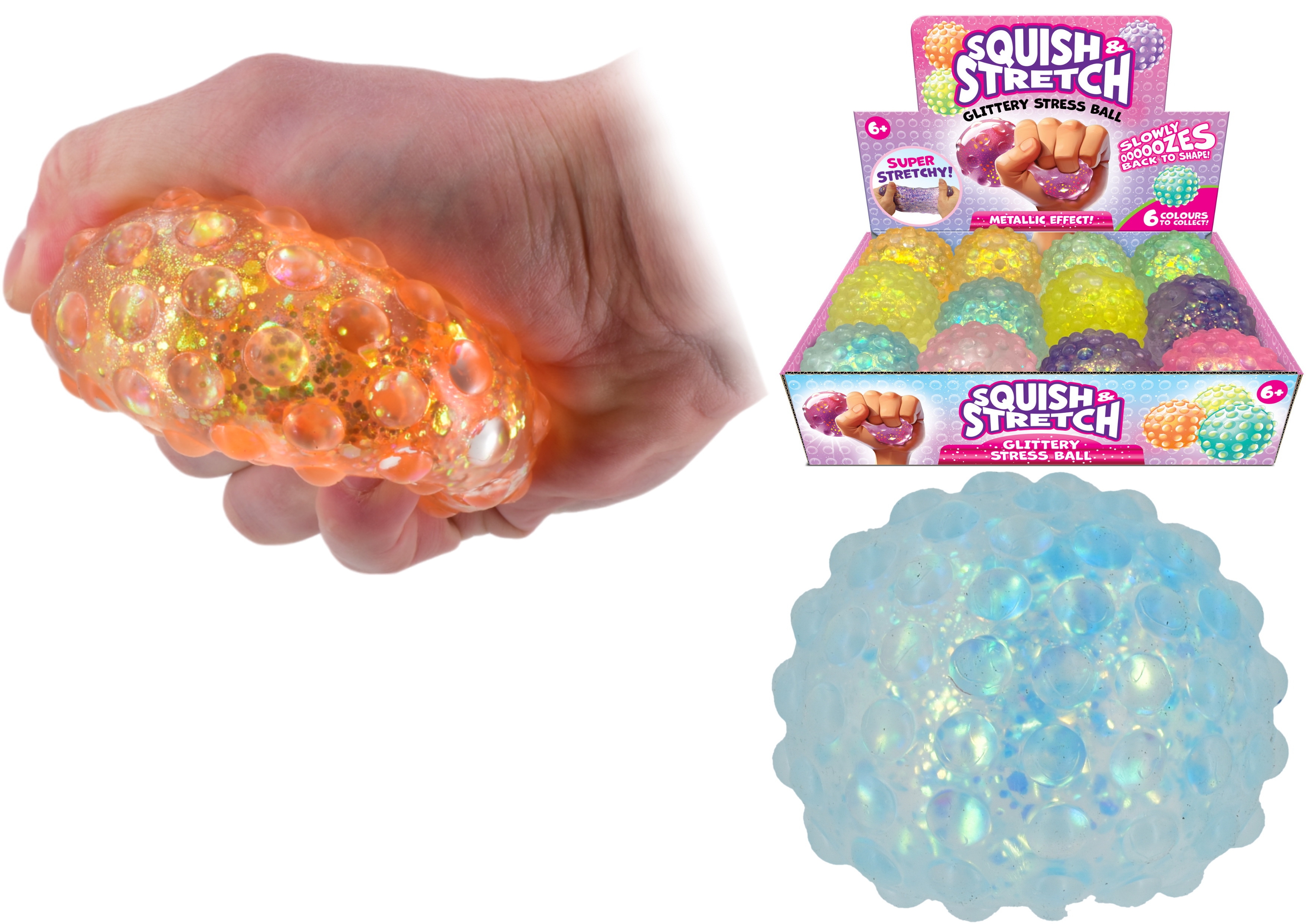 STRESS BALL GLITTERY,Super Stretchy 7cm 6 Asst Cols CDU [Packs Only]