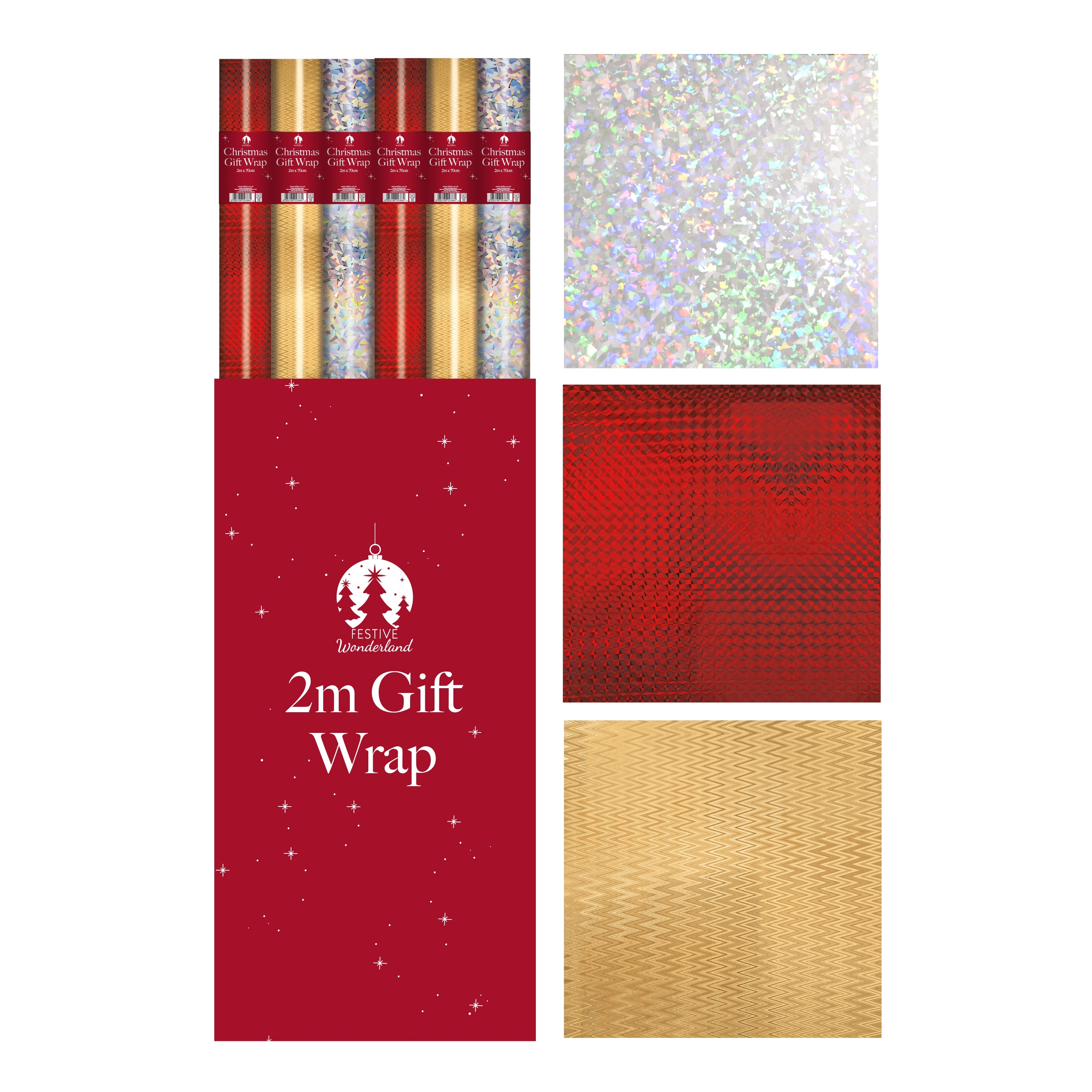XMAS ROLLWRAP,2m Holographic Red, Gold & Silver FDU [Packs Only]
